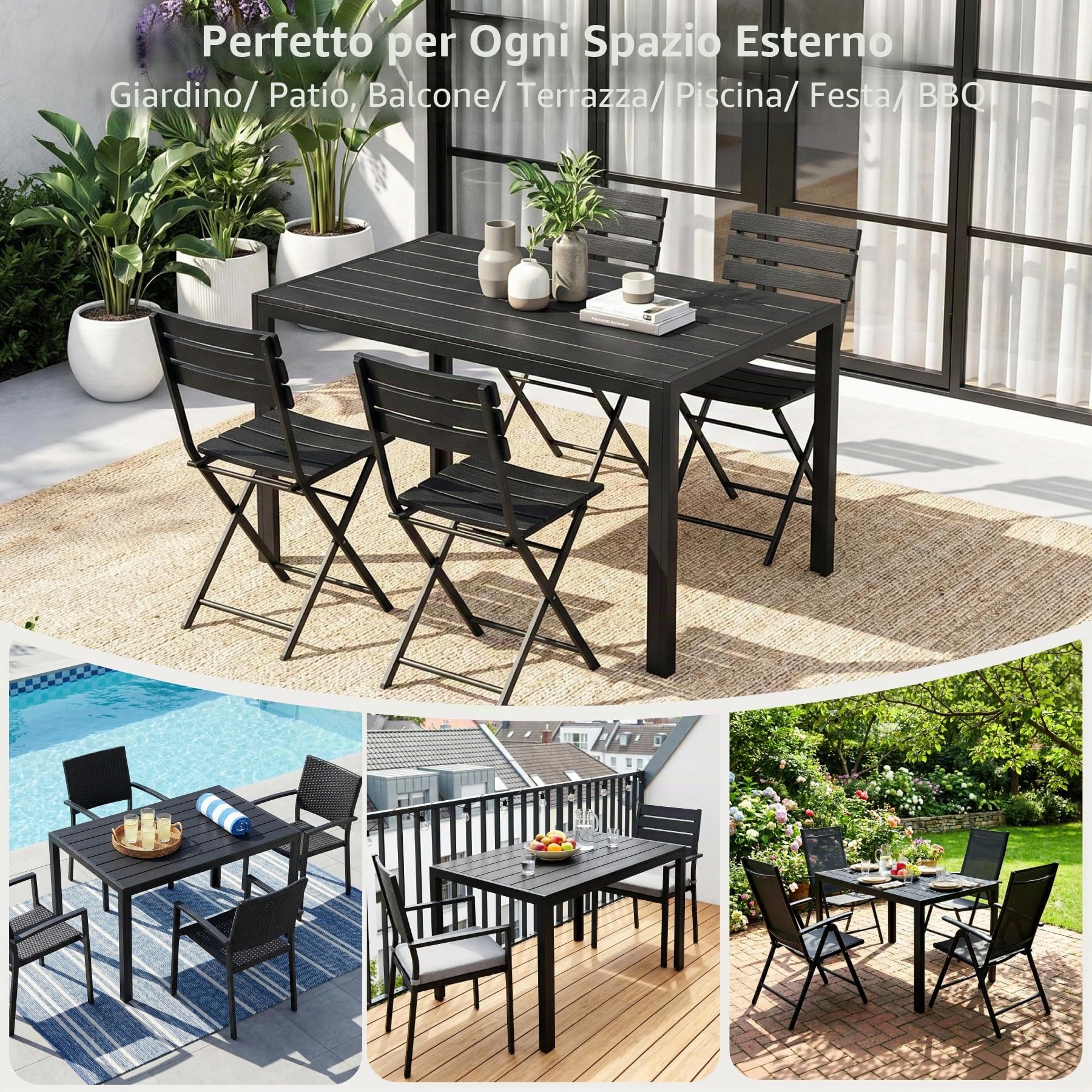 LIFERUN Tavolo da Giardino 110x70 cm, Tavolo da Terrazzo in WPC per 4-6 Persone, Tavolo da Balcone Resistente alle Intemperie con Telaio in Alluminio, Design Effetto Legno,Nero