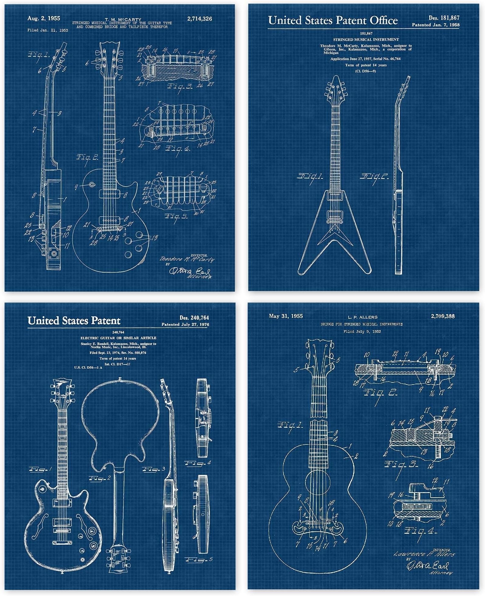 Classic Strings Guitar Patent Prints, 4 (8x10) Unframed Photos, Wall Art Decor Gift for Home Gibson Office Studio Sound Workshop Garage School College Student Teacher Coach Rock Roll Music Band Music