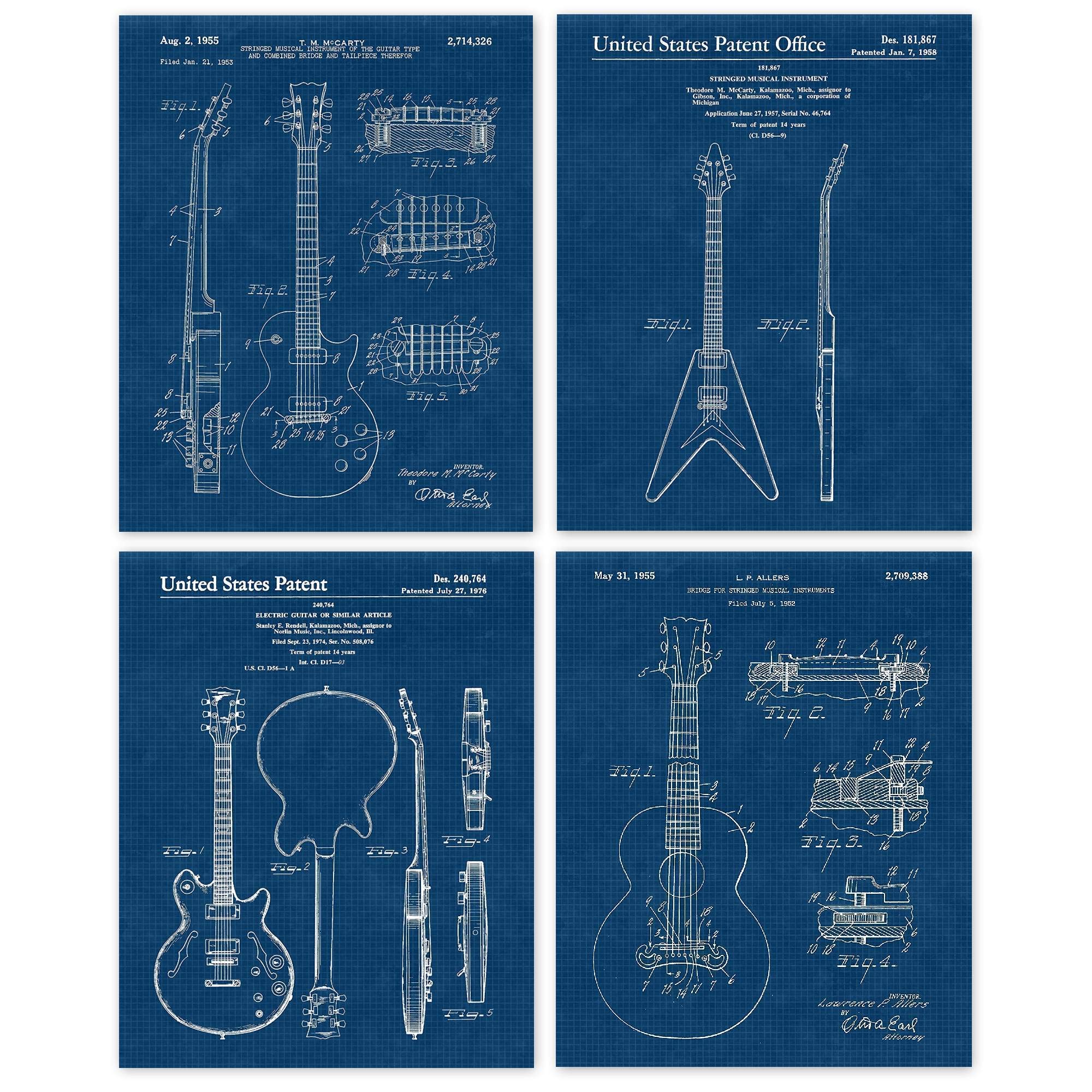 Classic Strings Guitar Patent Prints, 4 (8x10) Unframed Photos, Wall Art Decor Gift for Home Gibson Office Studio Sound Workshop Garage School College Student Teacher Coach Rock Roll Music Band Music