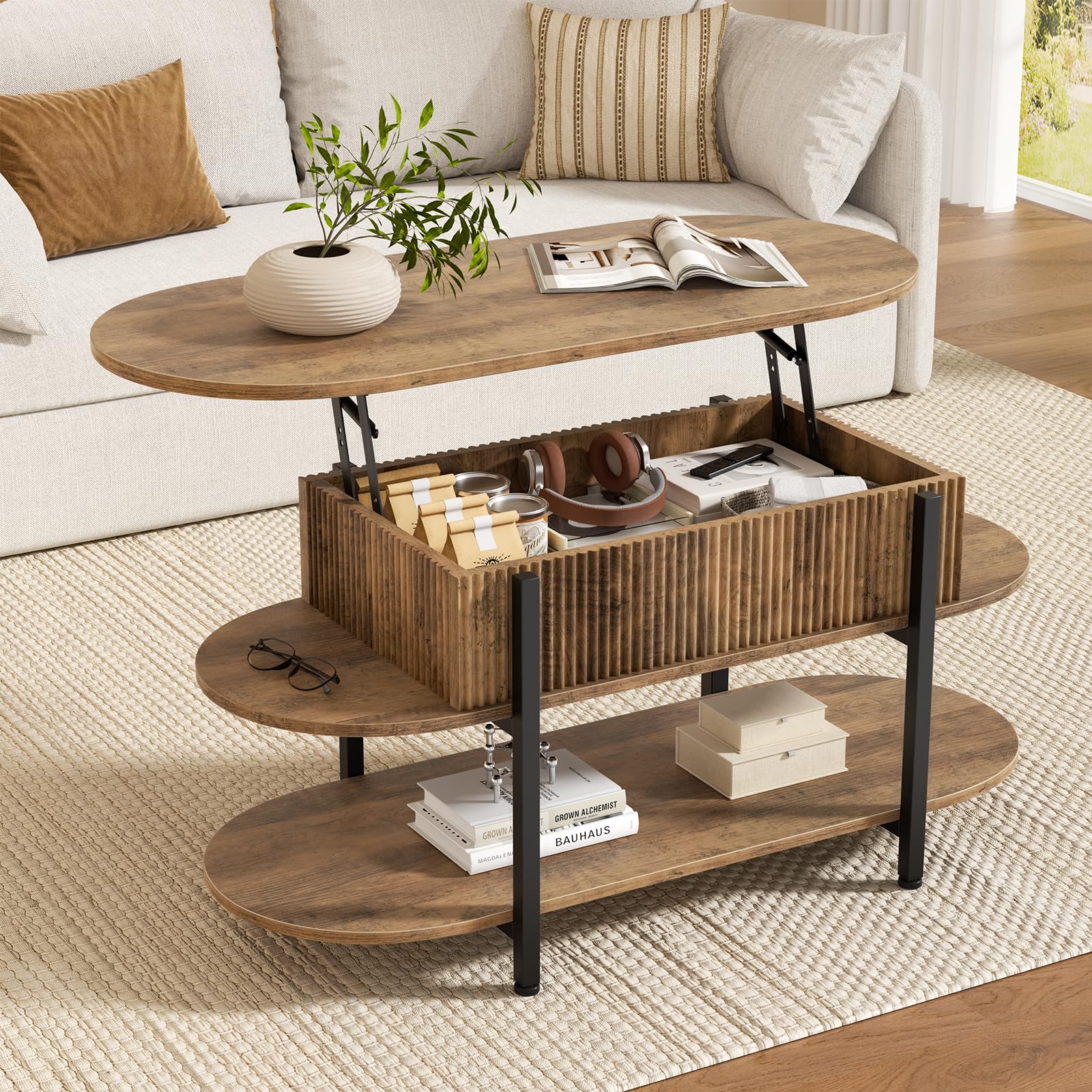 FABATO 41 7 Oval Lift Top Coffee Table Fluted Wood Center Table with Hidden Storage 3 Tier Small