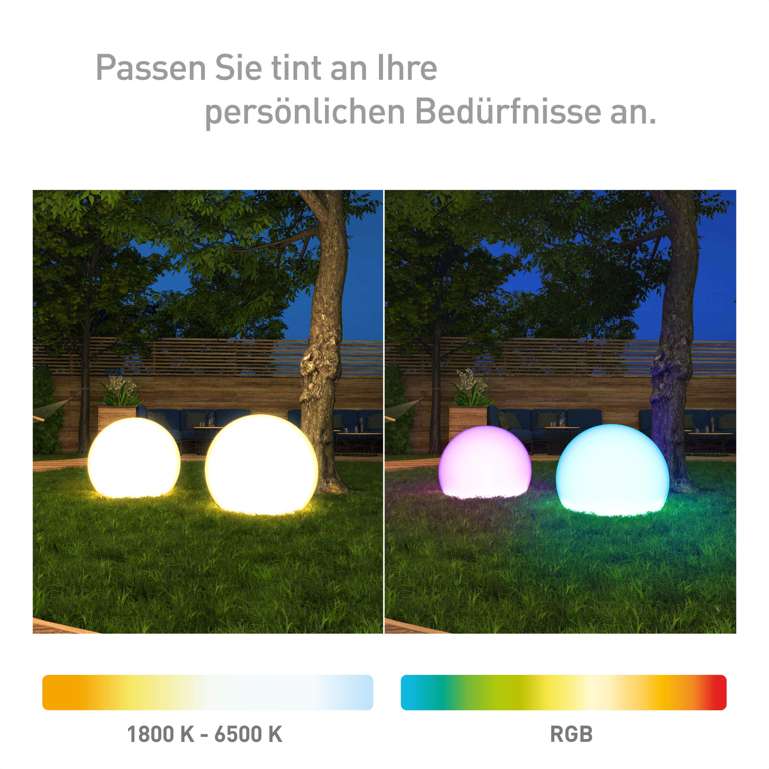 tint Smarte Outdoor LED-Leuchtkugel CALLUNA Weiß – Steuerbar per Alexa oder Fernbedienung – Mit weißem (1800-6500 K) und farbigem Licht RGB – Spritzwassergeschützt (IP44) – Ø 35 cm