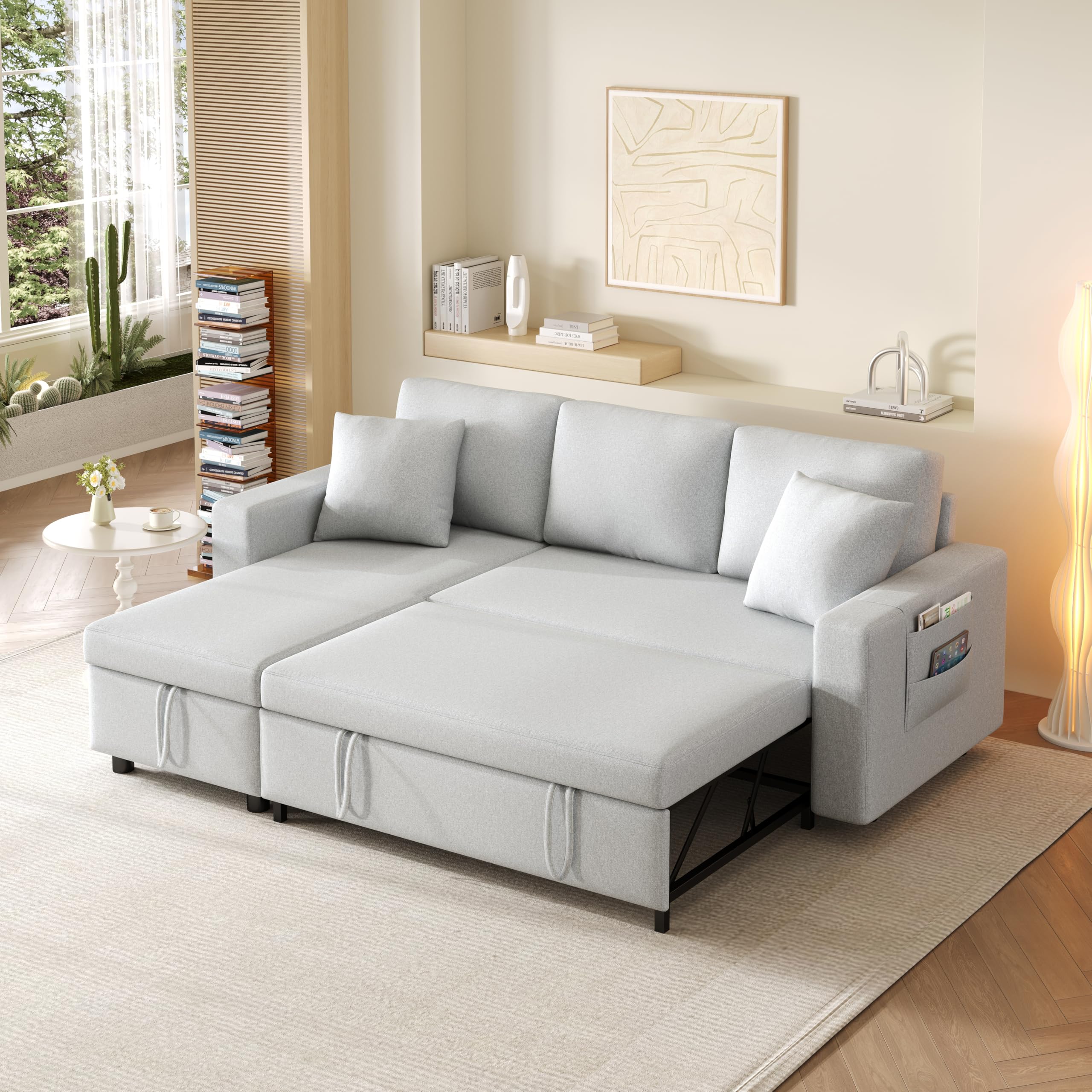 Divano Letto 3 Posti con Penisola, Divano Angolare 3 Posti Forma di L, Letto Matrimoniale con Materasso, Divan con Braccioli e Vano Portaoggetti, Sinistra e Destra Intercambiabile