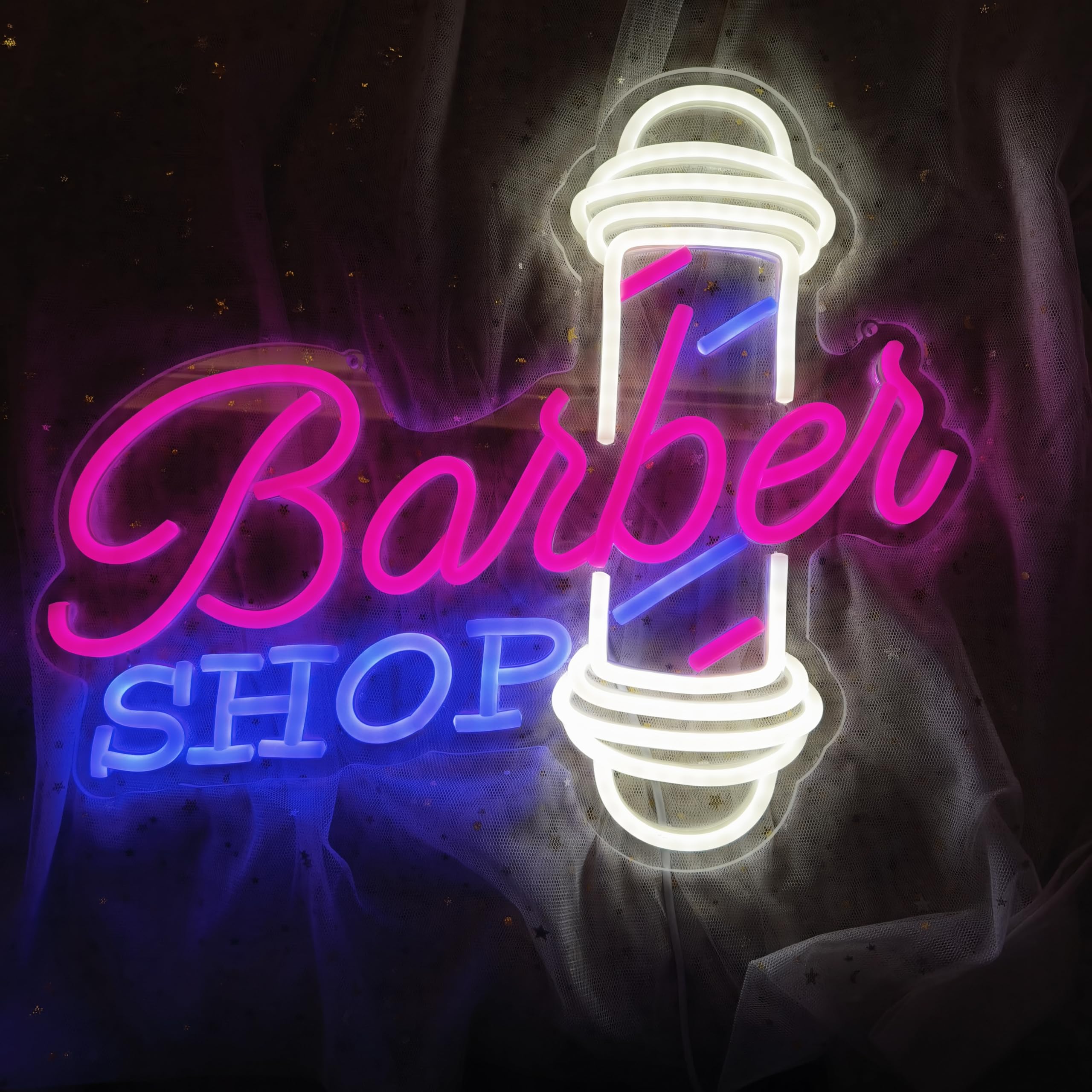 Dimmable LED Neon Pink Blue Barber Sign for Barber Shop Wall and Window Decor,Reusable Acrylic Material Hair Salon Barber Studio Open Light Up Sign Gifts for Hairdresser 40x34.5CM - Image 2