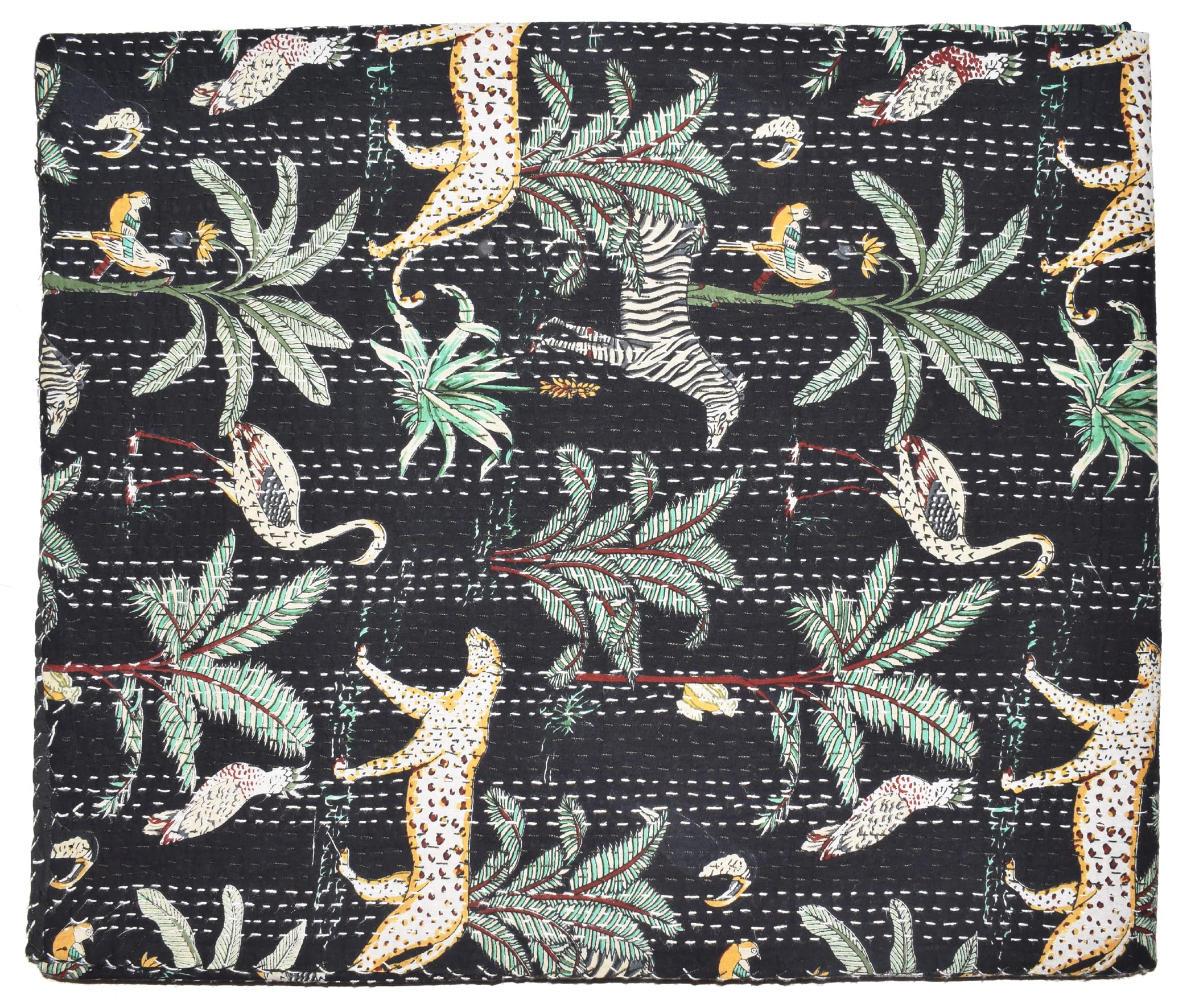Handicrafts Plus New Indian Cotton Gudari Queen Size Kantha Quilt Animal Print Bedcover Beautiful Black Coverlet New Indian Cotton Bedspread 90x108''