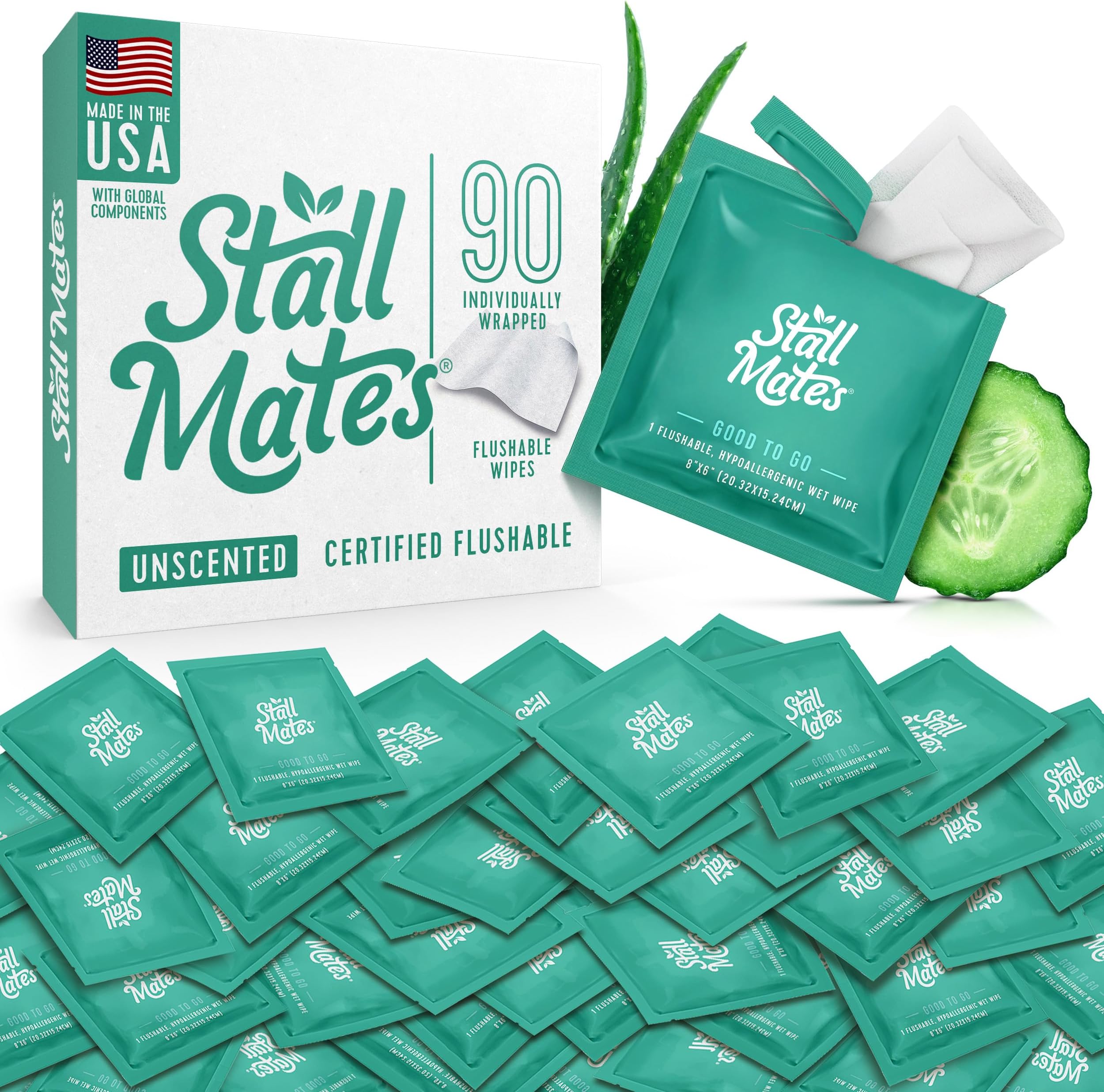 Flushable Wipes | Individually Wrapped | Travel Friendly | Unscented with Vitamin-E & Aloe | (90 on-the-go singles) BULK PACK