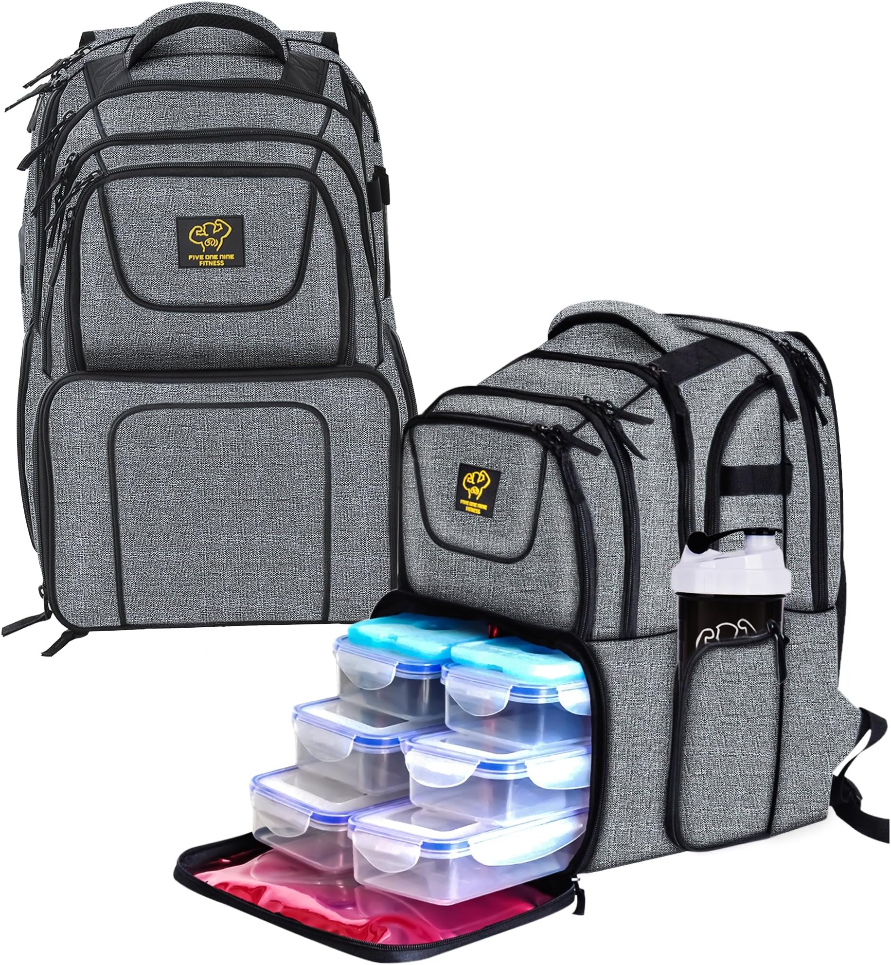 519 Fitness Meal Prep Backpack,Hiking Outdoor Insulated Unisex Lunch Cooler with Computer Compartment,Include 6 Meal Containers,2 Ice Packs and Shaker