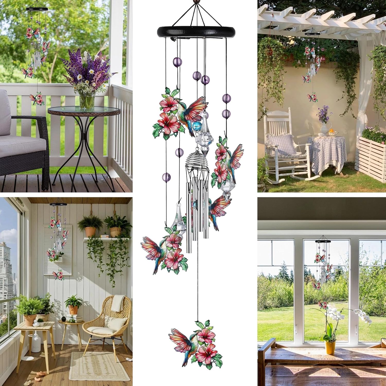 YU FENG Hummingbird Wind Chimes with Crystal Suncatcher – 27 Inch Memorial Wind Chime for Outdoor Garden Decor, Pink Hummingbird Gifts for Women/Mom/Grandma, Durable Metal Windchimes for Yard/Patio