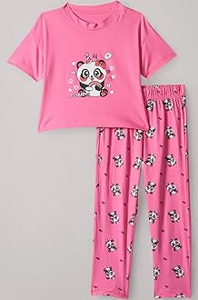 T2F Girls Cotton Printed Oversized Fit Crop Top and Pant Pajama Set