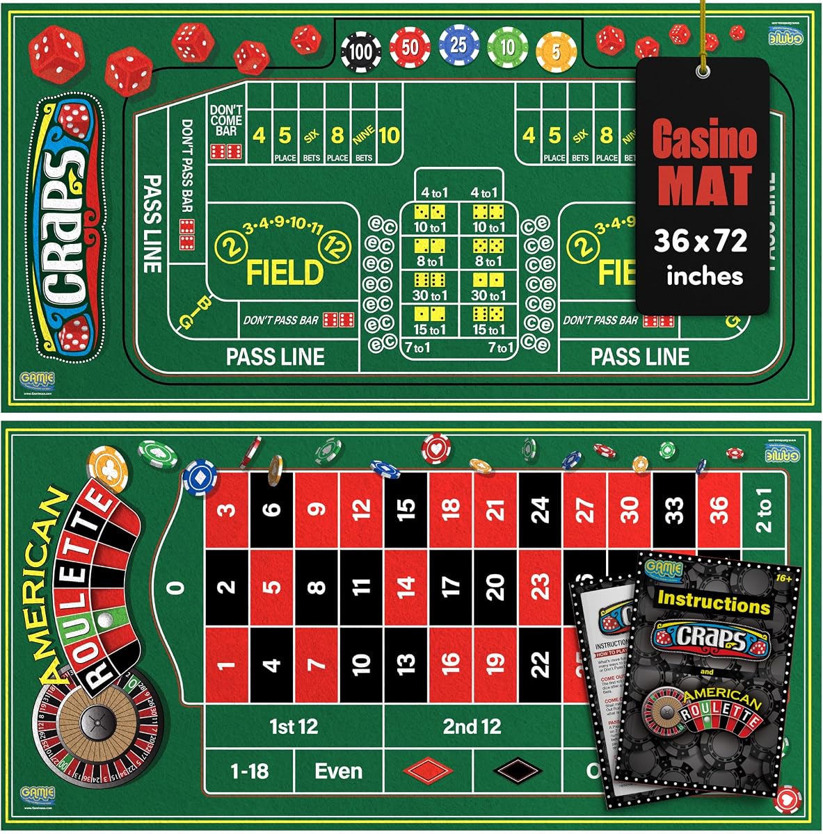 Gamie Tapete de mesa de fieltro de doble cara para ruleta y dados, juegos de casino de 36 x 72 pulgadas para fiesta nocturna de póquer, regalo de casino para adultos, juego de grado profesional 2 en 1 con folleto de instrucciones