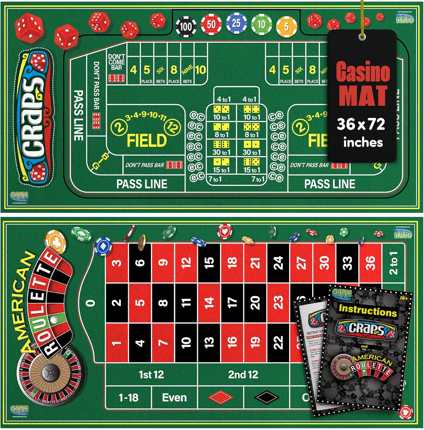 Gamie Double Sided Felt Roulette and Craps Table Mat, 36” x 72” Casino Games for Poker Night Party, Casino Gift for Adults Stocking Stuffers, 2-in-1 Professional Grade Game with Instructions Booklet