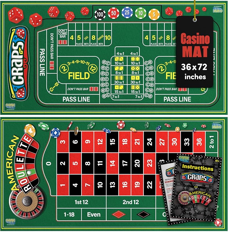 Gamie Tapete de mesa de fieltro de doble cara para ruleta y dados, juegos de casino de 36 x 72 pulgadas para fiesta nocturna de póquer, regalo de casino para adultos, juego de grado profesional 2 en 1 con folleto de instrucciones