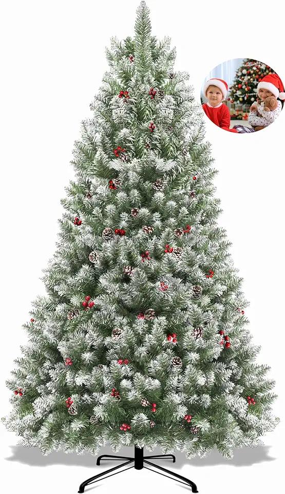 Árvore de Natal, Arvore de Natal 1,80m 850 Galhos, Árvore de Natal com Base de Metal, Arvore de Natal, Verde, Cerejas E Neve, com Pinhas
