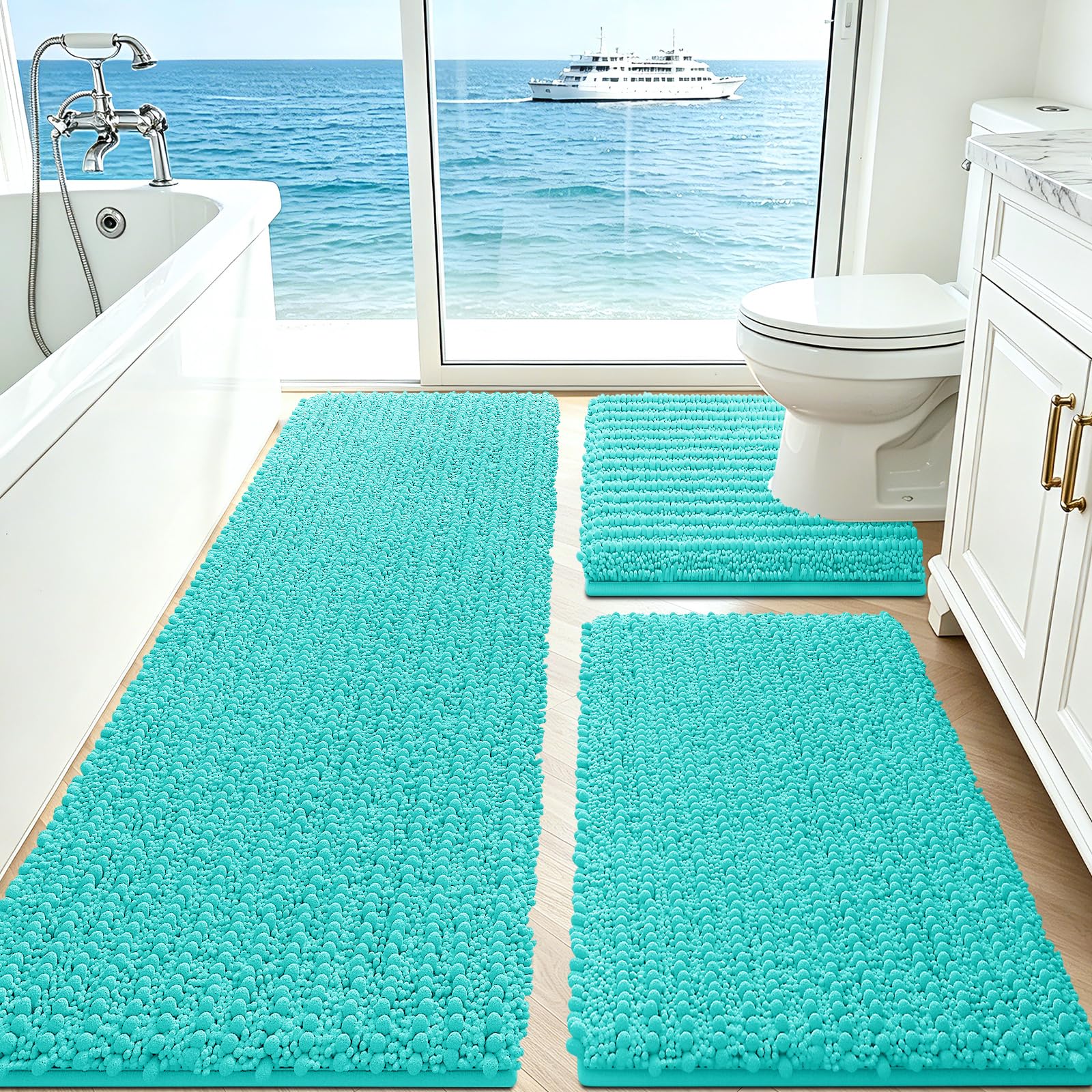 ACCUMTEK Upgrade Extra Large Teal Green Bathroom Rug Set 3 Pieces Ultra Soft, Thick Absorbent Bath Mats, Non Slip Chenille Toilet Mat for Bathroom, Bedroom, Kitchen, Turquoise