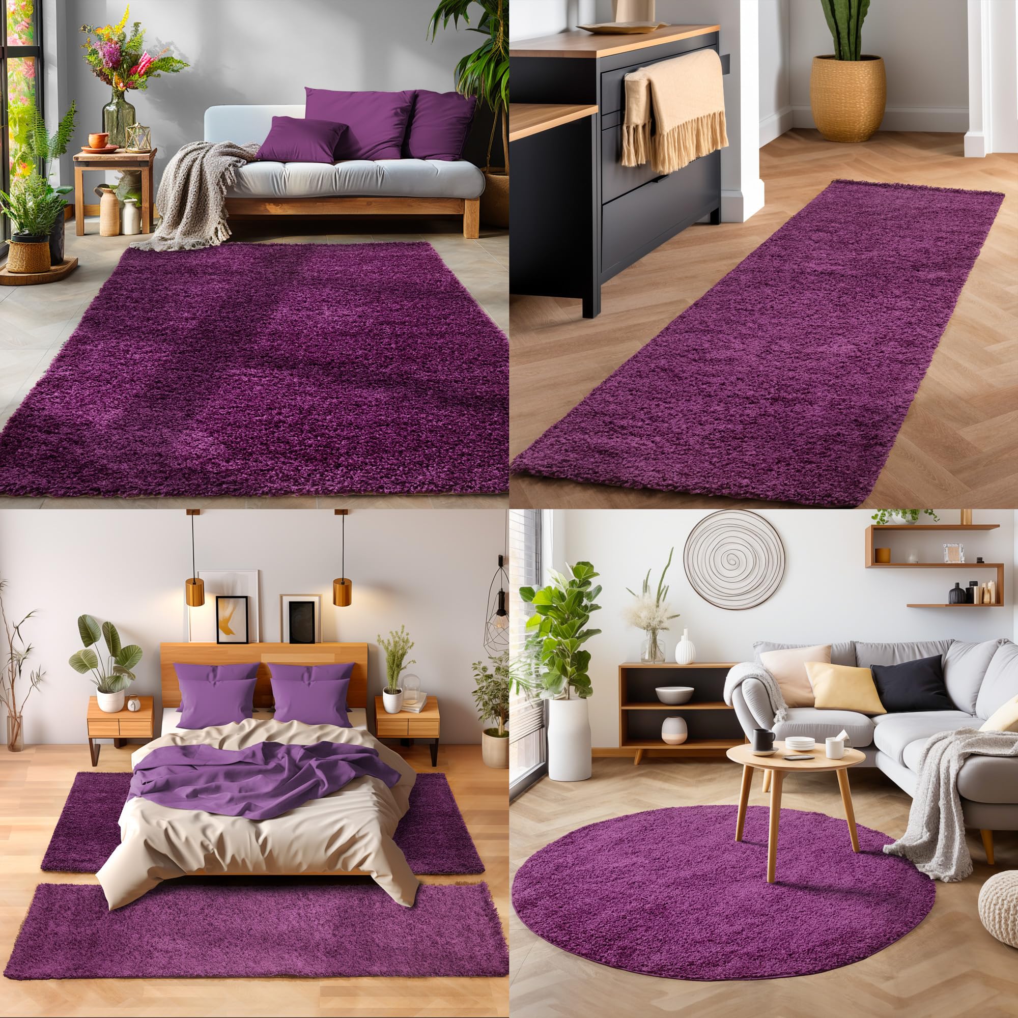 SIMPEX Shaggy Hochflor Teppich, 200 cm Rund, Lila, weich, flauschig, modern, einfarbig, Perfekt als zentrales Wohnaccessoire, für Wohnzimmer Schlafzimmer Flur