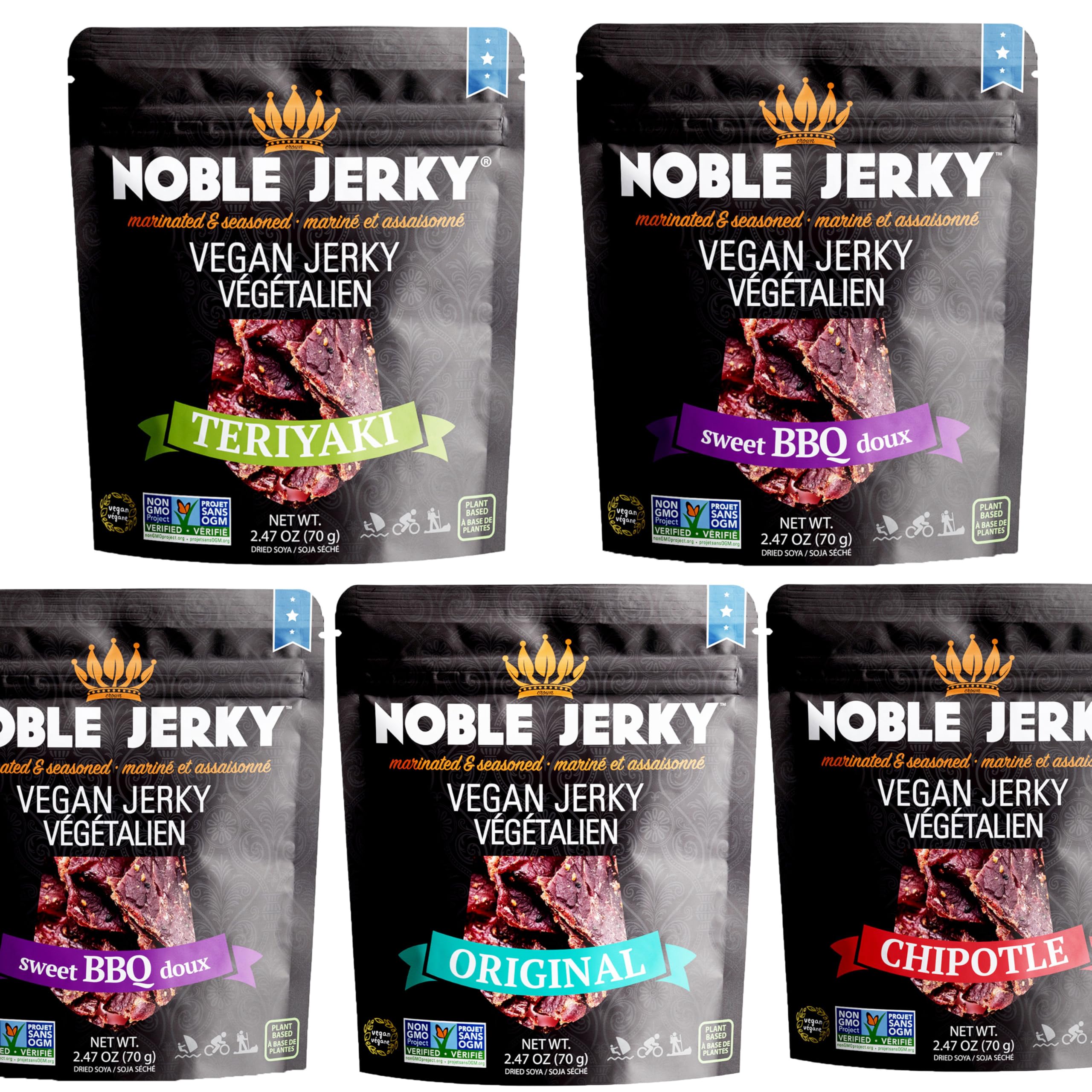 Noble Jerky – Vegan Jerky Variety Pack, Plant-Based High Protein Snack, 14g Protein Per Bag, Vegetarian, Non-GMO, Meat-Free, 5 Pack (2.47oz Bags), (