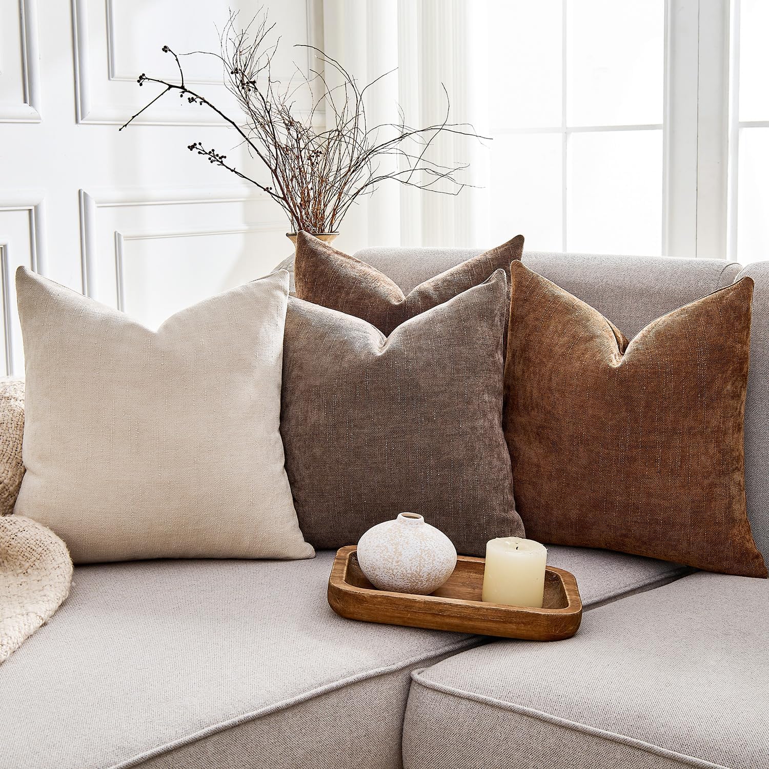 Pack of 4 Throw Pillow Covers 20x20 Inch Chenille Textured Neutral Brown Soft Pillow Covers Solid Decorative Farmhouse Cushion Covers Home Boho Western Decor for Couch Sofa Bed Living Room - Image 2