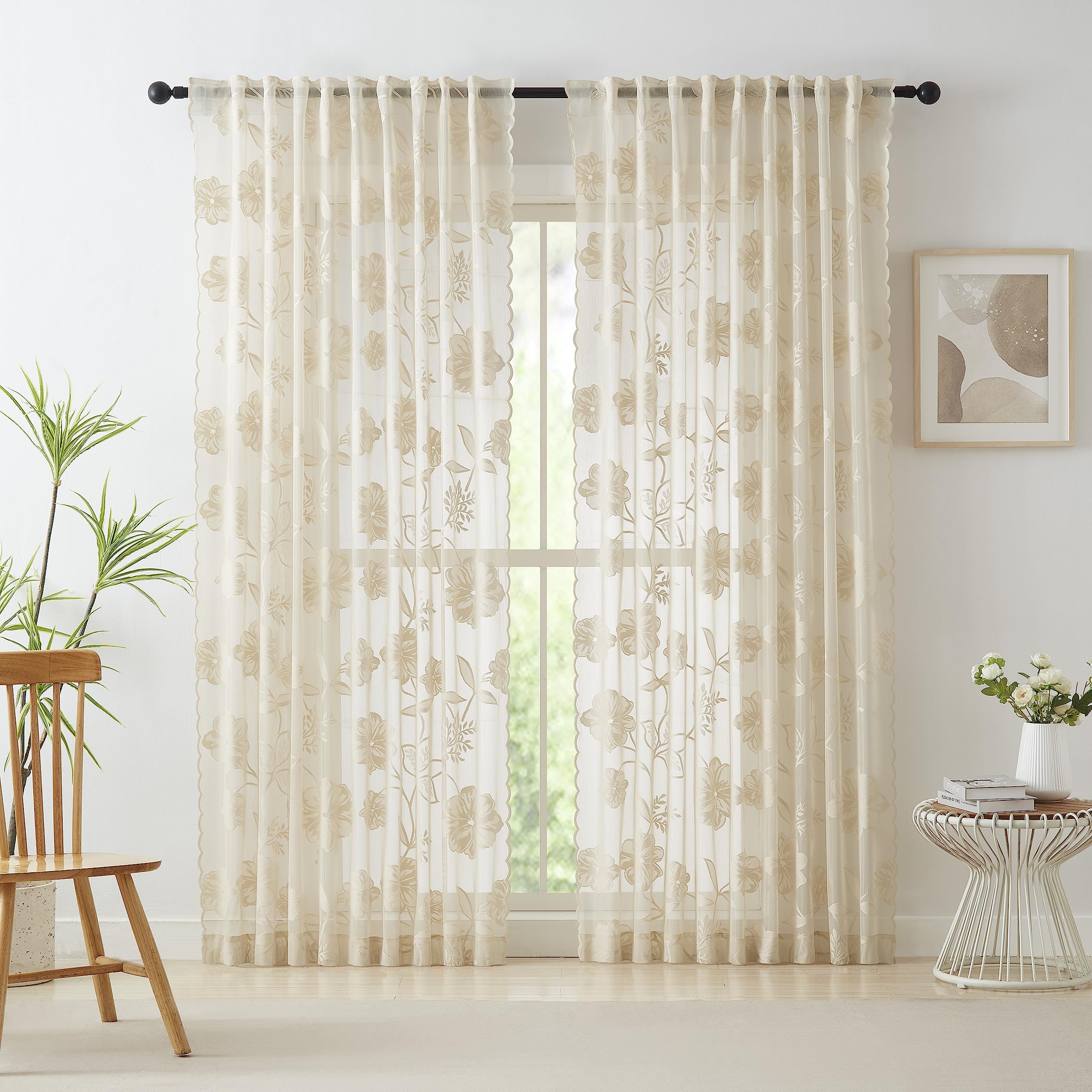 Beige Lace Sheer Curtains 54inch Rose Knitted Floral Vintage Lace Embroidered Curtains for Living Room Bedroom Window Privacy Country Chic Retro Leaf Semi Sheer Drapes Pencil Pleat 52"W 2 Drapes - Image 2
