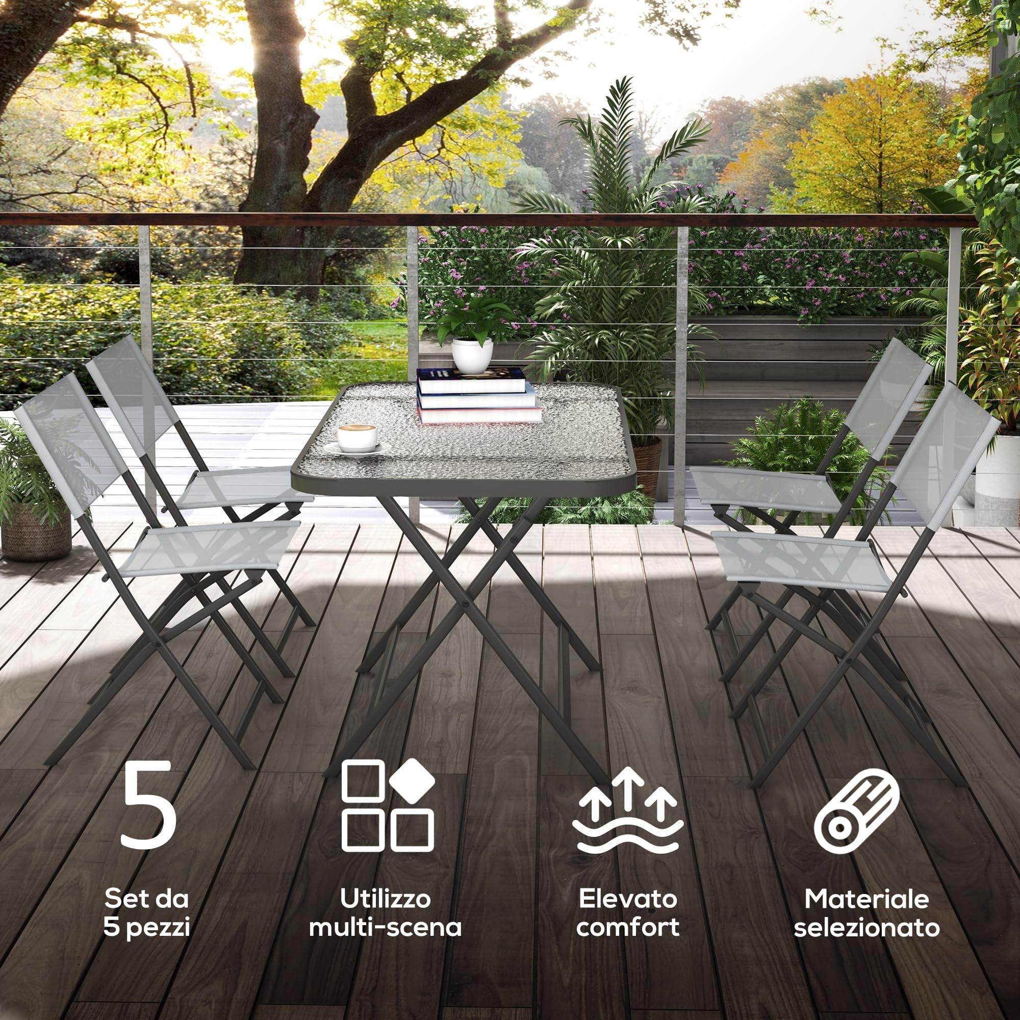 Outsunny Set Tavolo e Sedie da Giardino 5 Pezzi Pieghevole, Metallo, Grigio