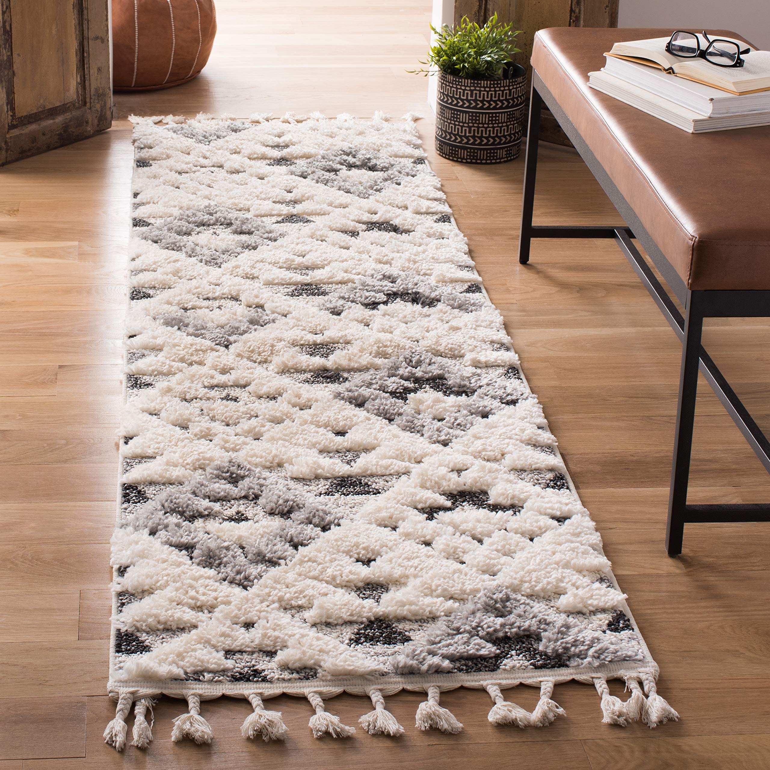 SAFAVIEH Moroccan Tassel Shag Collection Runner Rug - 2'3" x 10', Ivory & Grey, Non-Shedding & Easy to Clean, Plush High-Low Texture, Ideal for