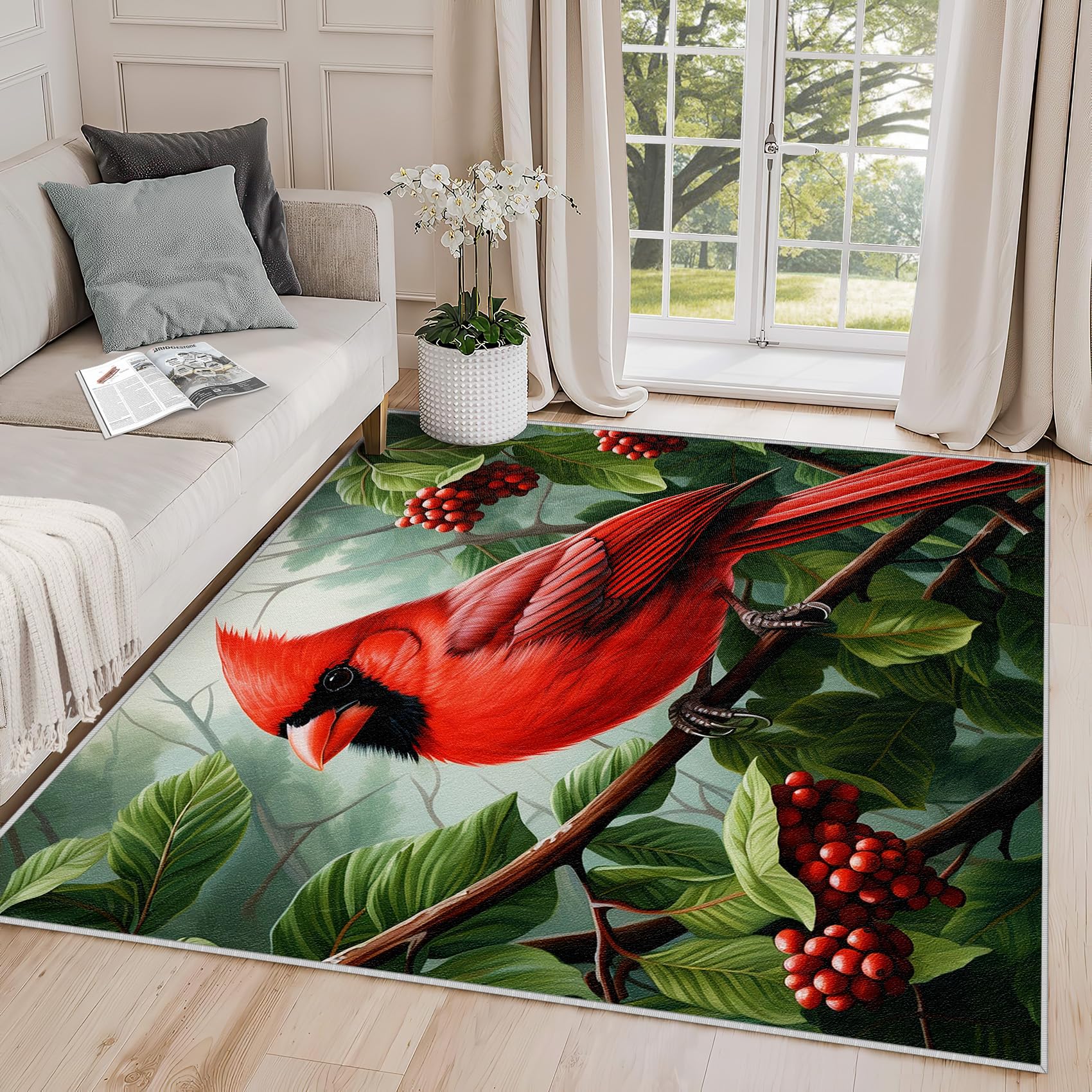 Yoozitrees Red Cardinal Rug - Cardinal Rug, 3x4 Rug, Red Bird Wildlife Area Rug, Animal Green Leaf Door Mat, Washable & Non Slip & Soft Small Carpet,