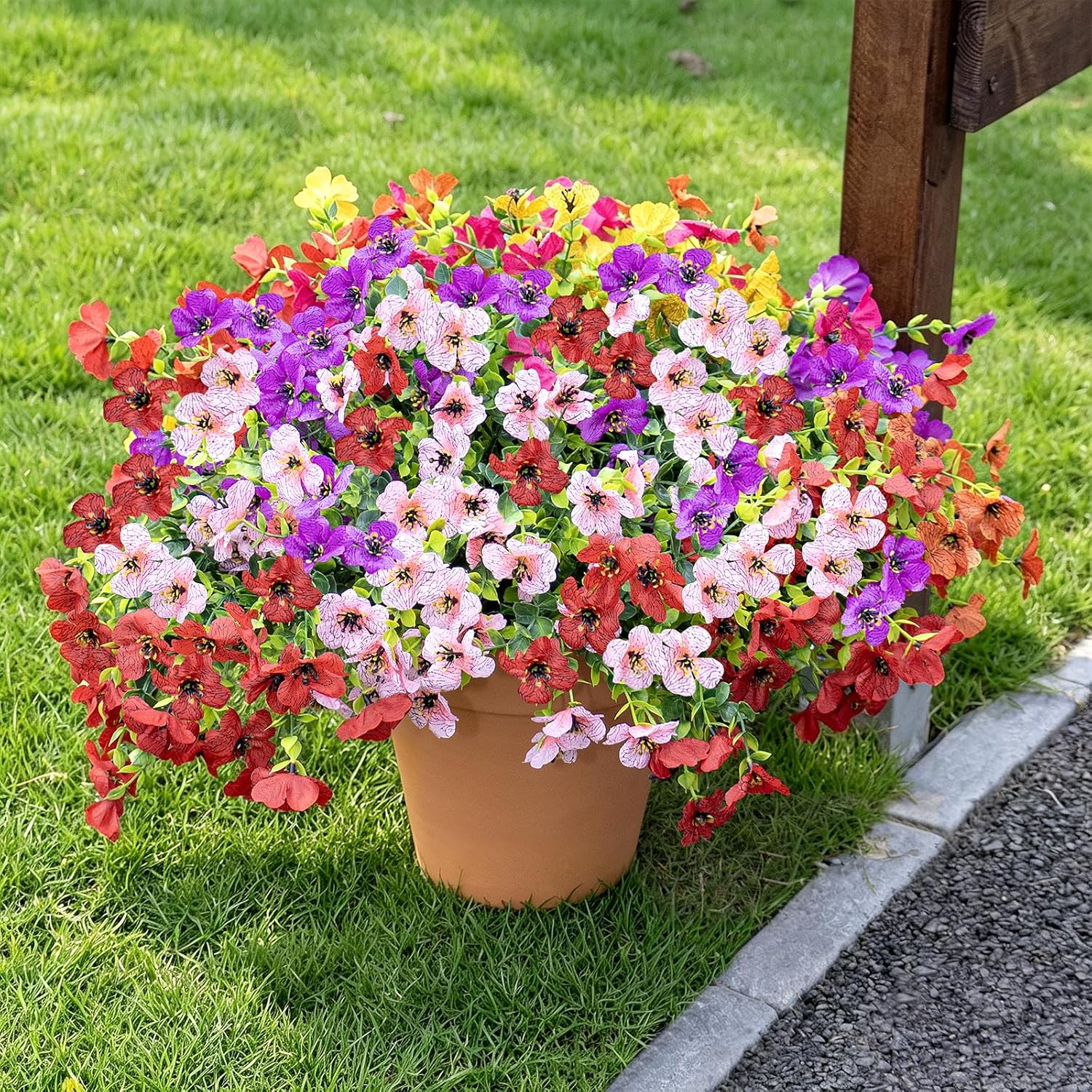 CLEANGOR 24 Bundles Artificial Flowers for Outdoors, UV Resistant Artificial Outdoor Plants, Fake Daisy with Eucalyptus Leaves, for Spring Summer Garden, Porch, Window Box, Home Decor (6 Color)