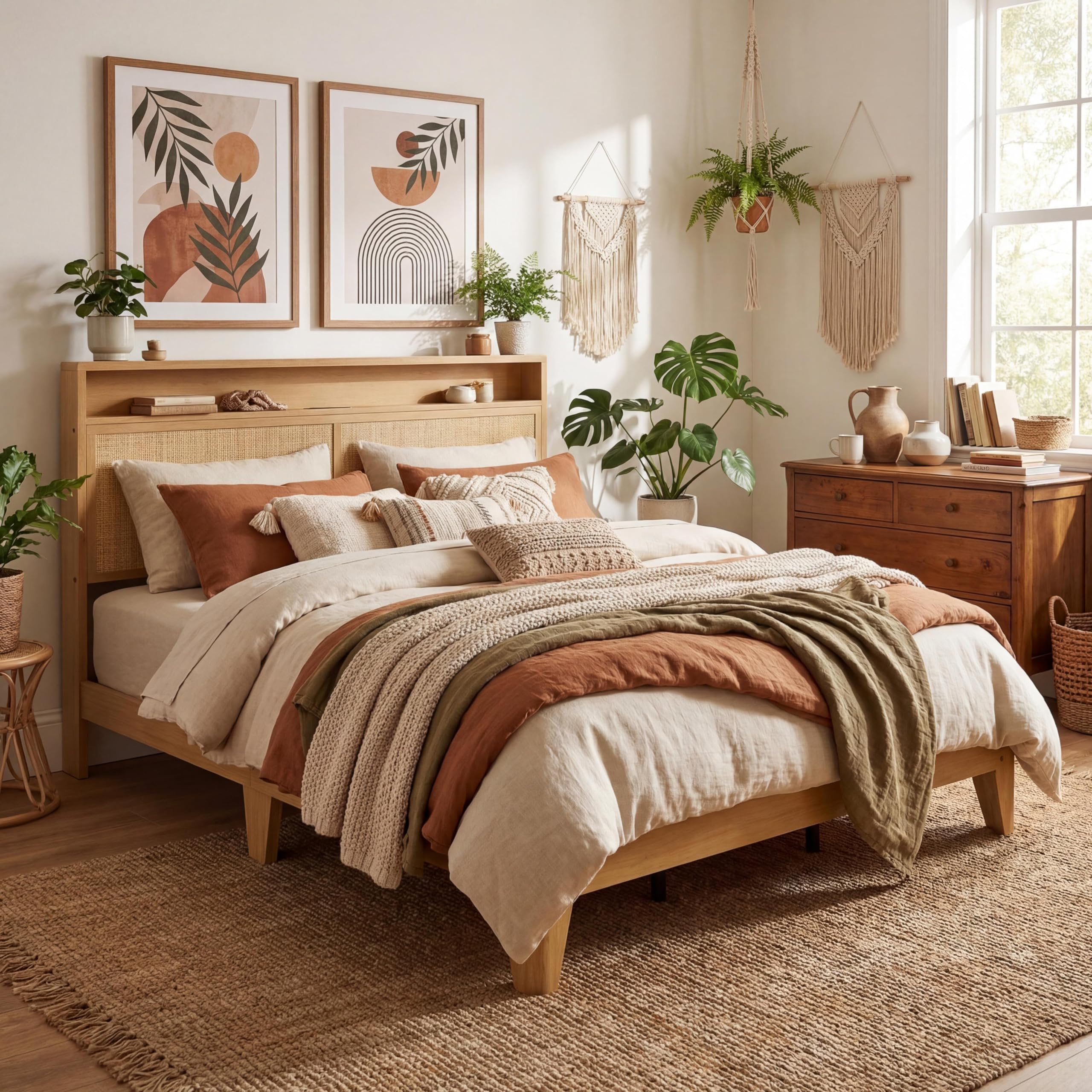 GAOMON Rattan Bed Frame King Size with RGB LED Light & Charging Station, Boho Rattan King Bed Frame with 2 Tier Storage Headboard, Sturdy Wooden Slats