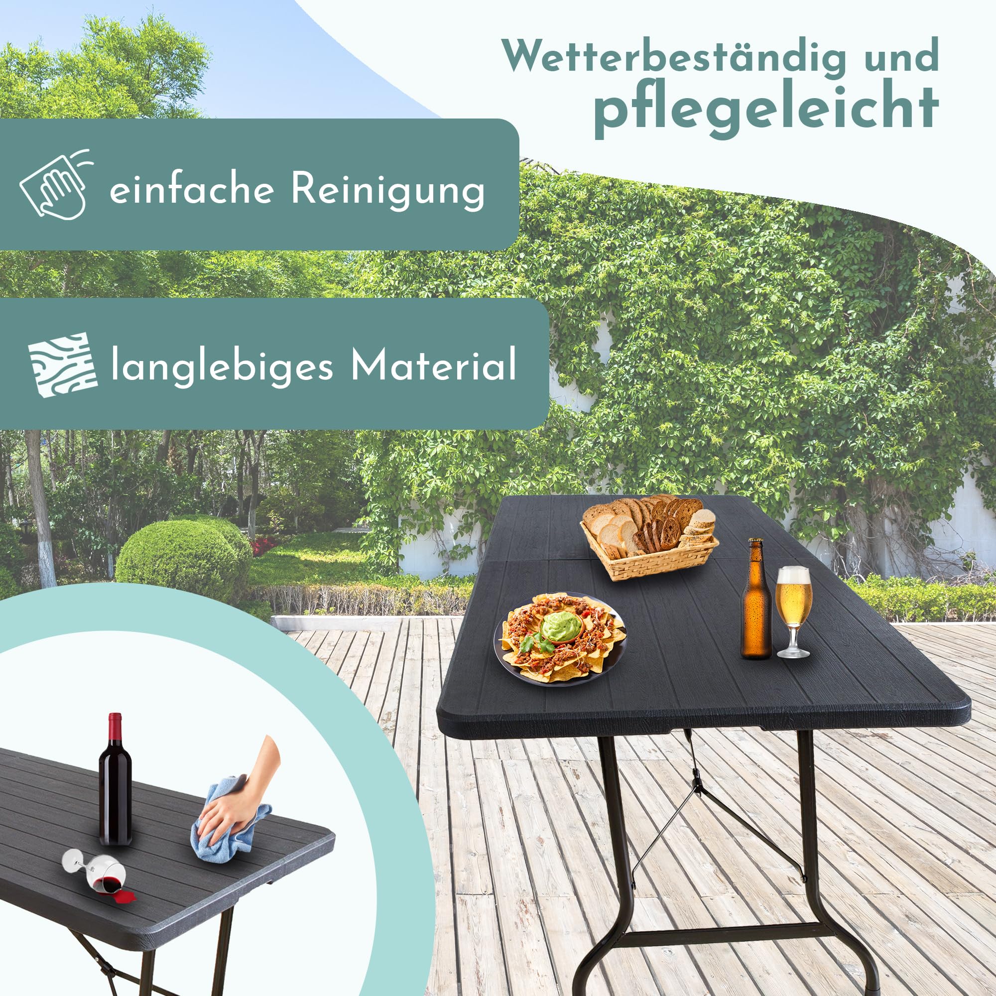 Lemodo Klapptisch 180 x 75 cm – klappbarer Gartentisch & Buffettisch bis 150 kg, Stabiler Partytisch in wetterfester Holzoptik schwarz, als Koffertisch mit Tragegriff platzsparend verstaubar