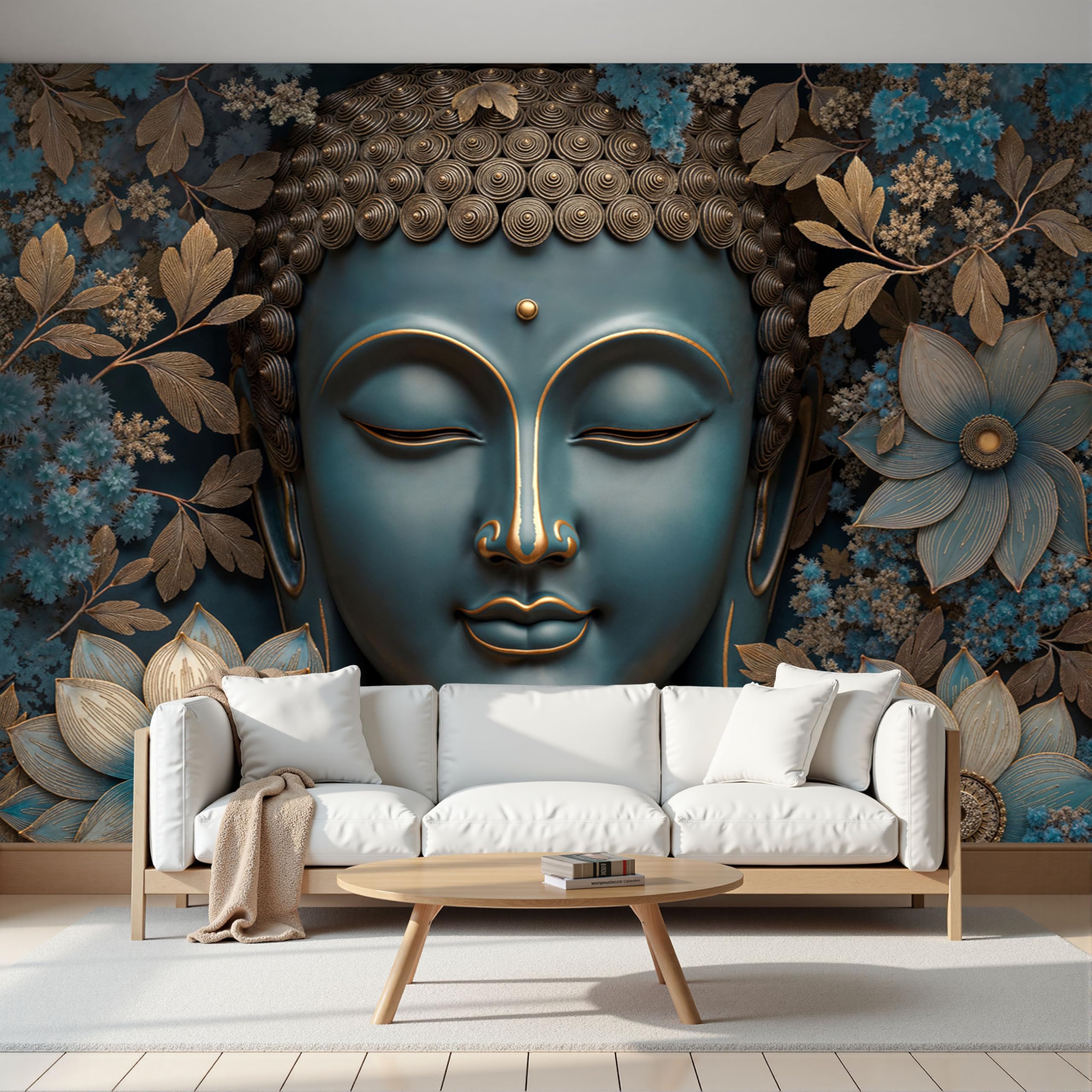 Carta Da Parati Fotografica Scultura Floreale Zen 3D Panorama Piante Bronzo, Paesaggio Lusso Per La Meditazione Carta Per Pareti Soggiorno Camera Da Letto Fotomurali In Tessuto Non Tessuto, 400X280Cm