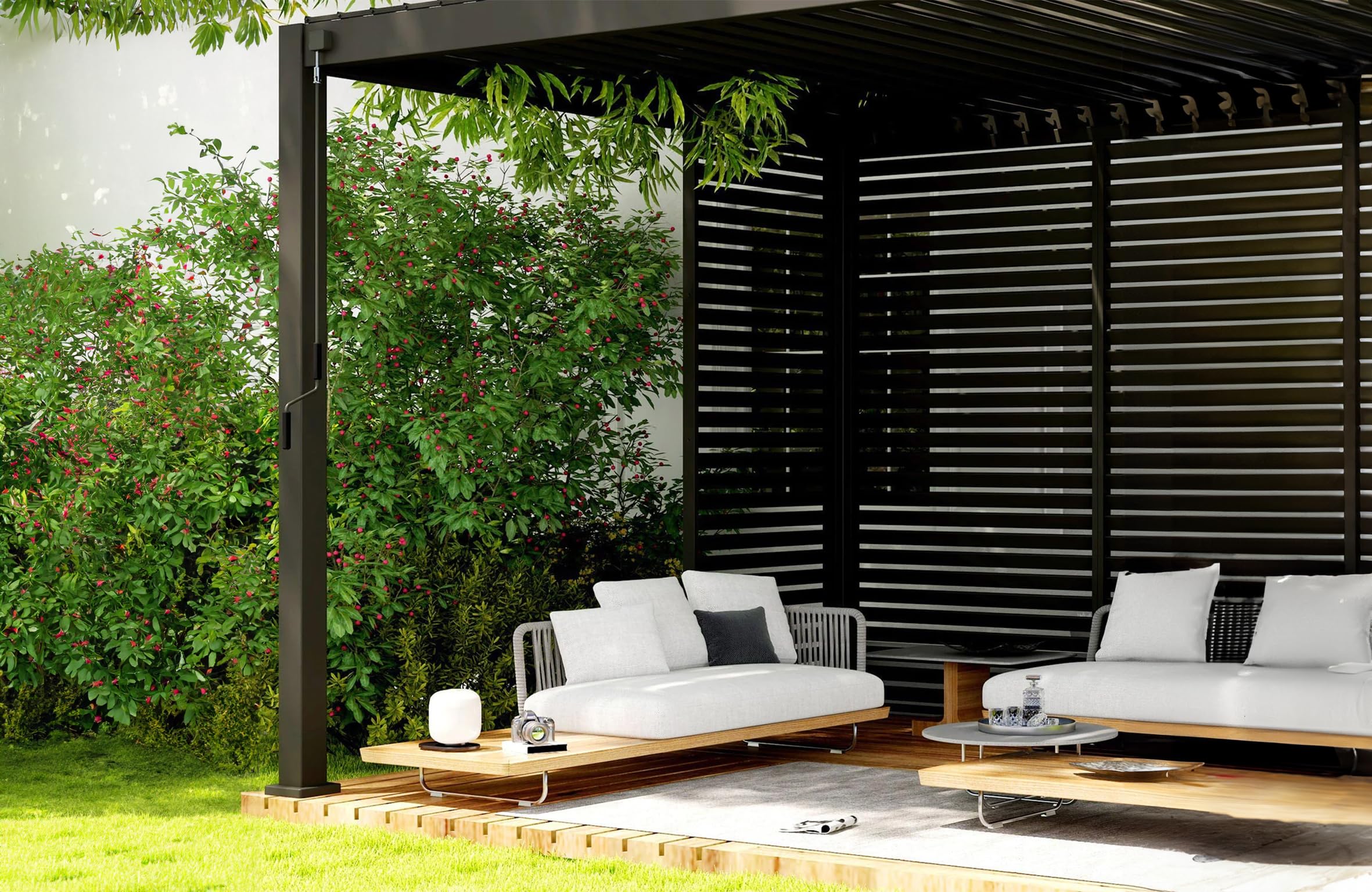 LECO-Lamellenpergola Deluxe – stilvolle Aluminium-Pergola 4 x 3 m mit Lamellen – anthrazit (Anthrazit, Lamellenwand 123 cm)