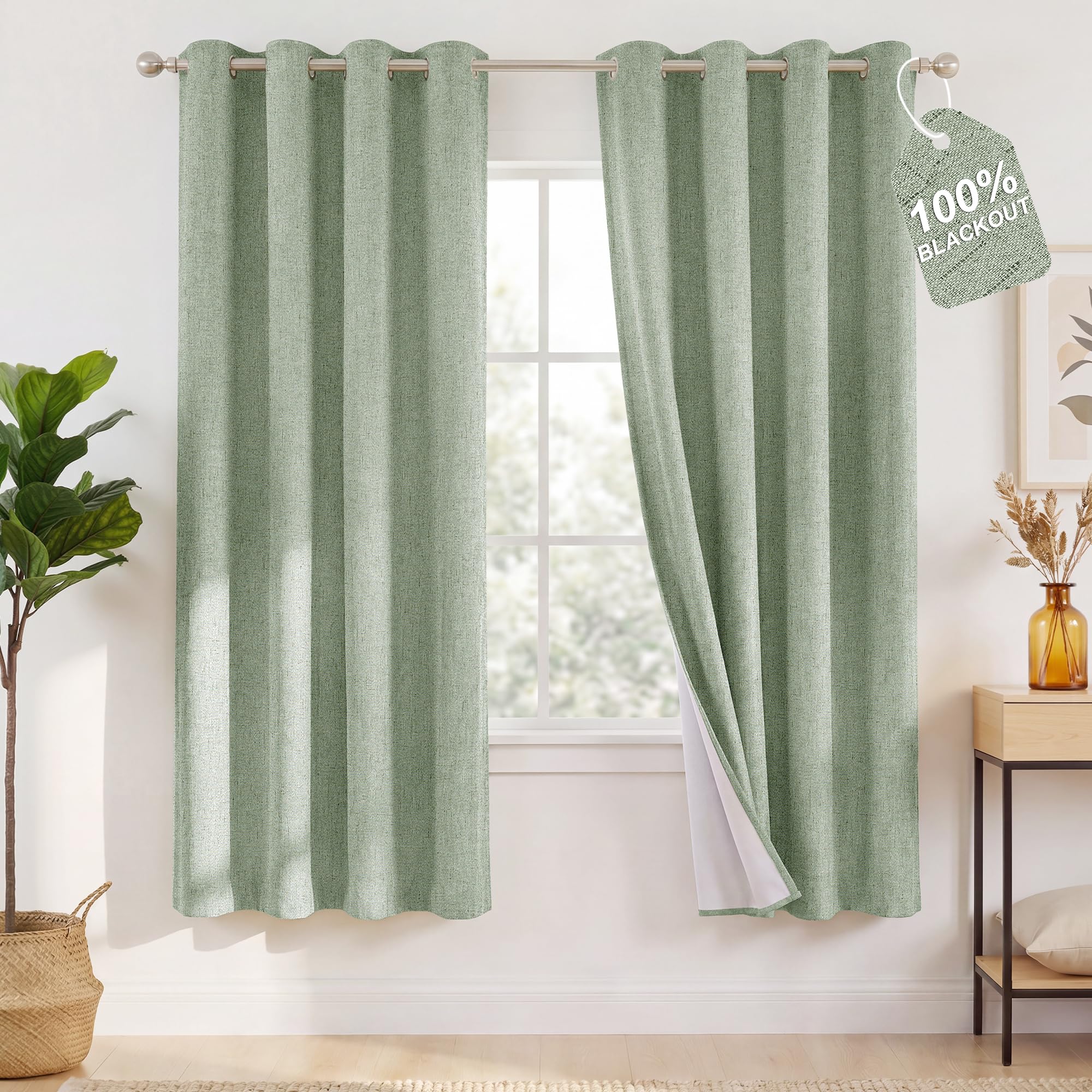 NICETOWN 100% Blackout Faux Linen Sage Green Curtains W52 x L72