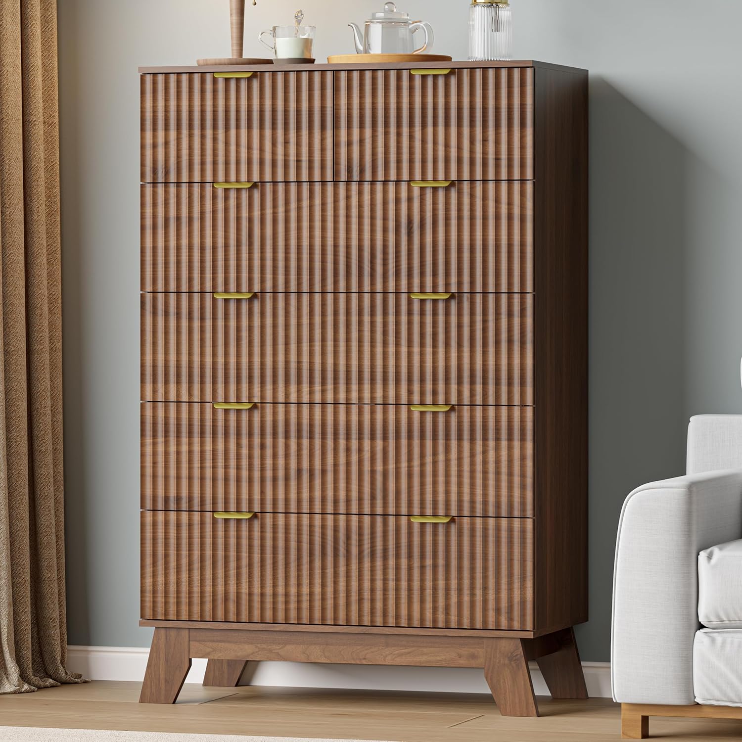 Tall 6 Drawer Dresser for Bedroom, 46" H Fluted Wooden Dresser Storage Cabinet and Chest of Drawers with Metal Handle, Storage Organizer for Living Room, Hallway, Entryway, Walnut