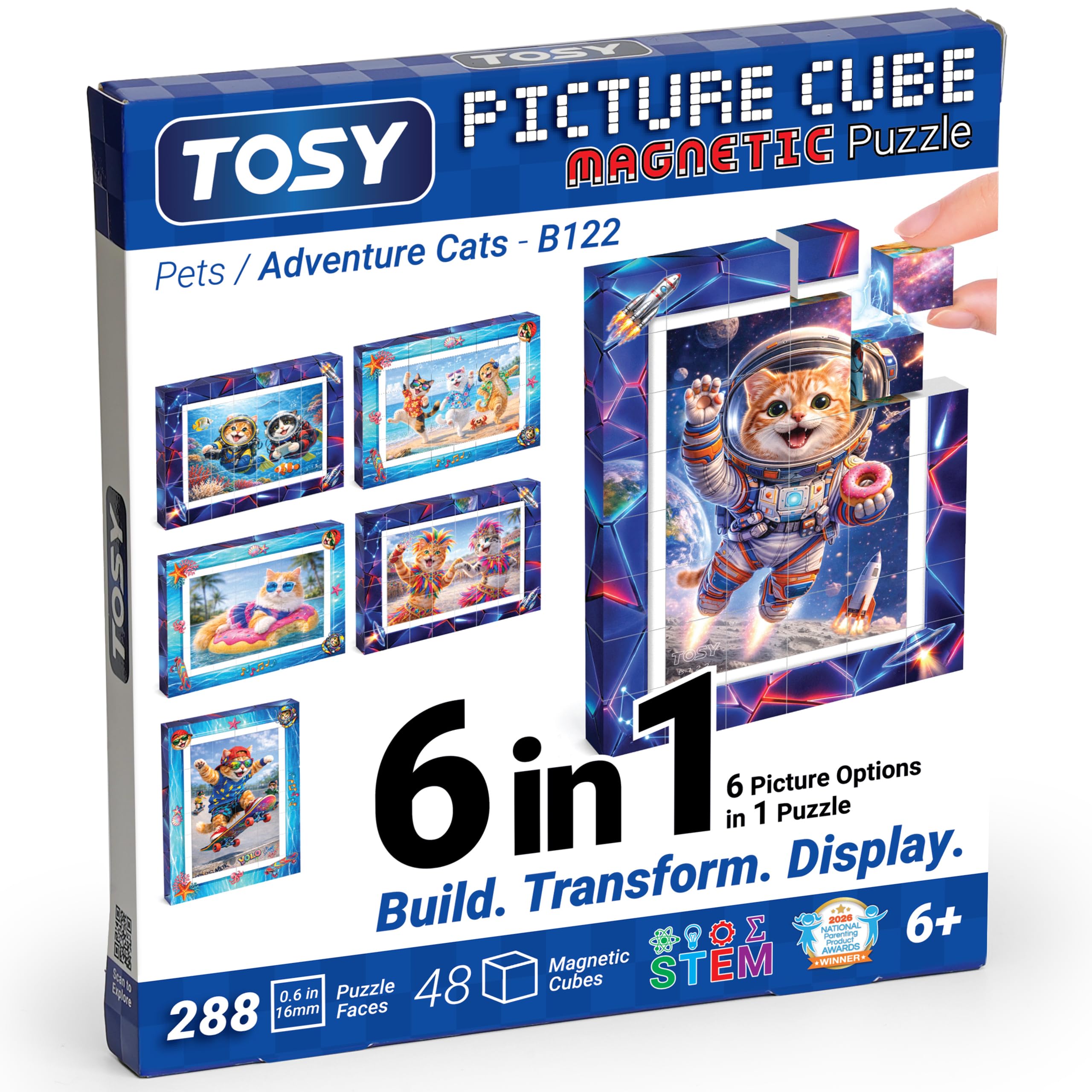 TOSY Picture Cube Adventure Cats: 6-in-1 Magnetic Picture Puzzle, 48 Blocks, 288 Puzzle Faces, 0.6 in, B122, Seamless UV Art, Display-Ready Frame, Collectible, STEM/STEAM Gift for Kids & Adults