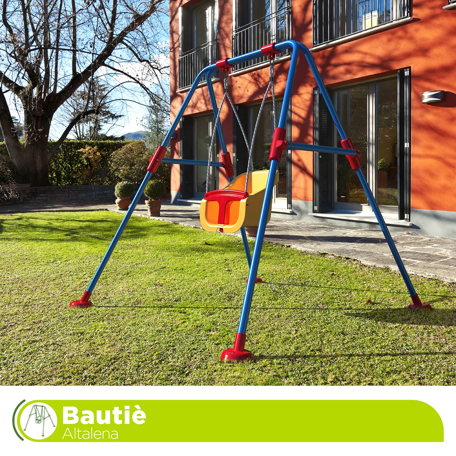 Mondo Altalena Bautiè 32001, Singola per Giardino Esterno, Struttura in Metallo, Seggiolino di Sicurezza - 1- 5 Anni Fino a 20 Kg , Colori Assortiti