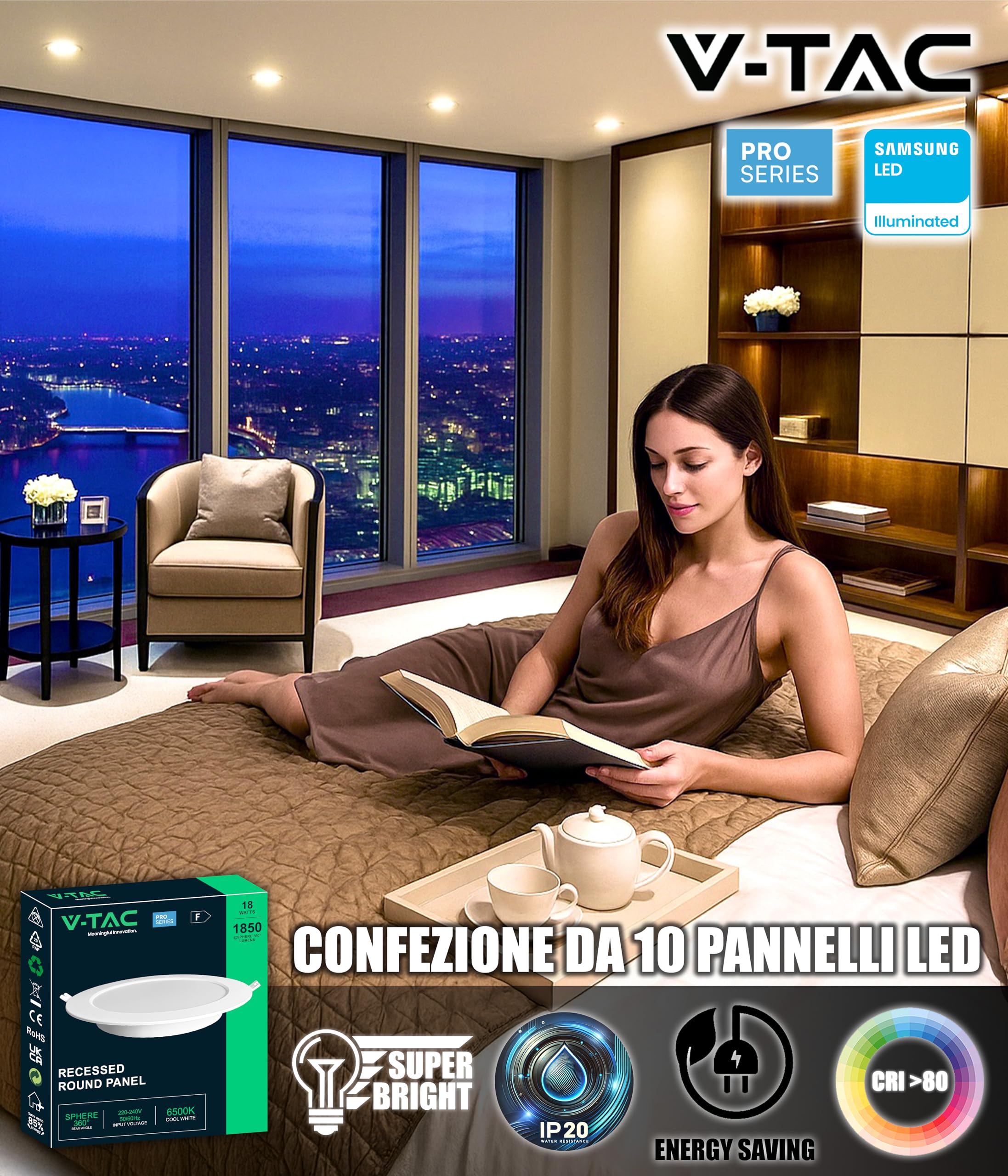 V-TAC 10x Faretti LED da Incasso Rotondi 18W - SUPER LUMINOSI - Diametro 220 mm - 1850 Lumen - IP20 - per Soffitto, Casa, Cartongesso - Mini Pannello - Lampada - Foro 200-205 mm - Luce Fredda 6500K