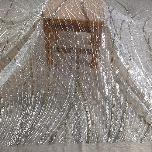 La Belleza Popular Plata Simple Irregular Curve Beading Lace Fabric 51" Ancho Fácil de Cortar para Vestido de Novia 36" x 51"