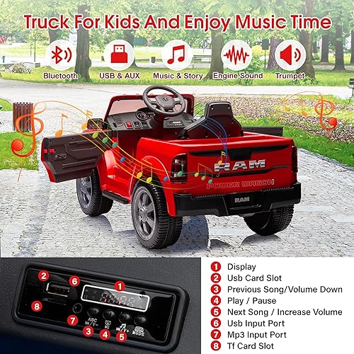 Miniatura 5 de iYofe - Camión Dodge Ram 2500 con licencia de 12 V para niños, con control remoto, música, puerto MP3USB, soporte para tazas, almacenamiento