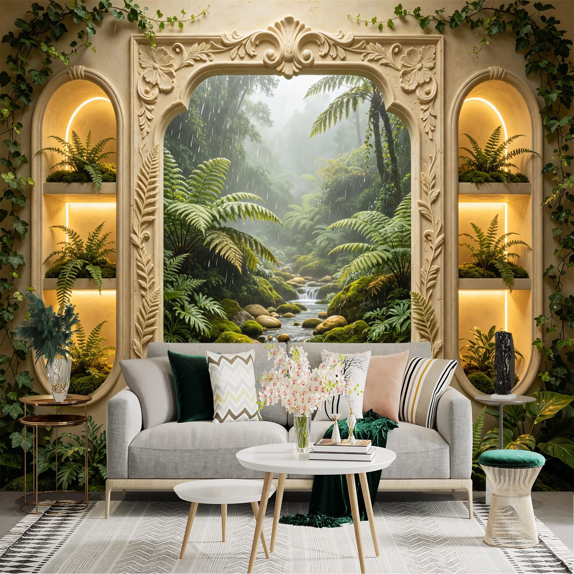 Custom Size Wall Sticker Mural， Tropical Forest Stream with Ferns， Moss and Rainfall， for wall Decoration， peelandstick wall Decals.