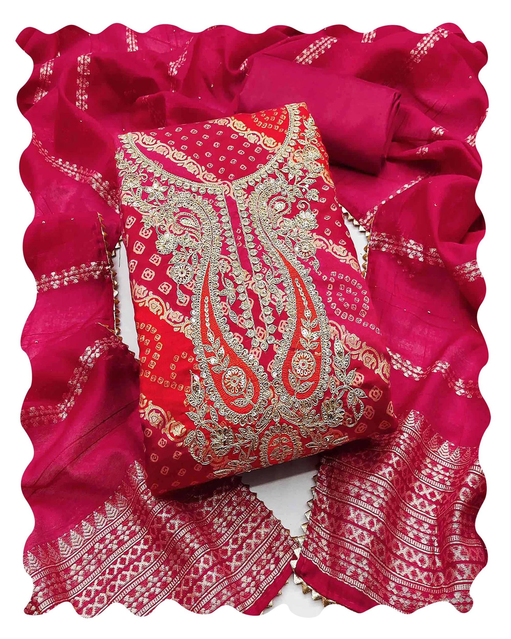 Women's Rani Pink Bandhani Print Chanderi Silk Unstitched Dress Material | Stylish Ladies Latest Salwar Suit Sets Trendy Kurtas Kurti Pant with Dupatta for Women 3 Piece Free Size