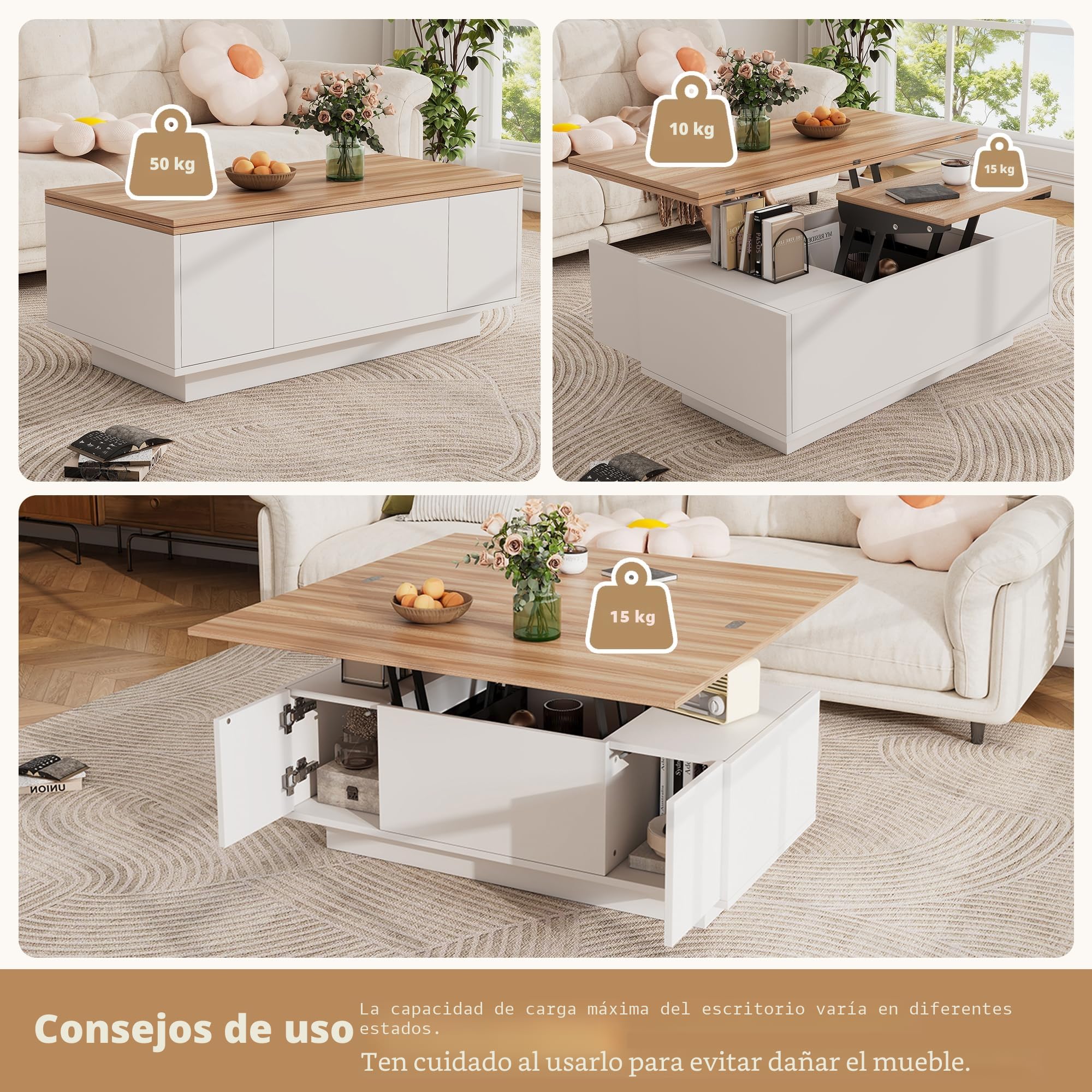 Soweiz Mesa de centro moderna con mecanismo de elevación doble, mesa de centro ajustable en altura, con espacio de almacenamiento oculto – Carga máxima de 50 kg, 100x50x55.5 cm (Blanco + color madera)