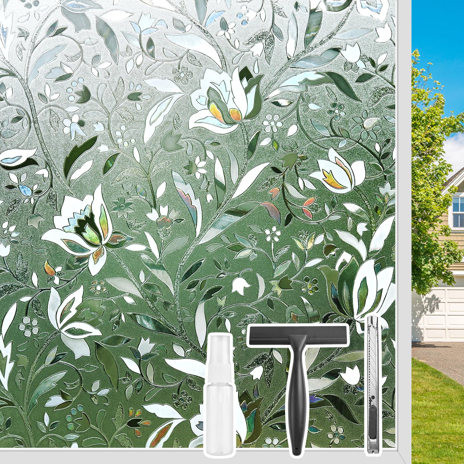 Donox Privacy Window Film,Decorative Stained Glass Window Film,Static Cling Sun Blocking Stickers for Home Heat Control Non-Adhesive,Rainbow Tulip 29.5 Inch x 13.1 Feet