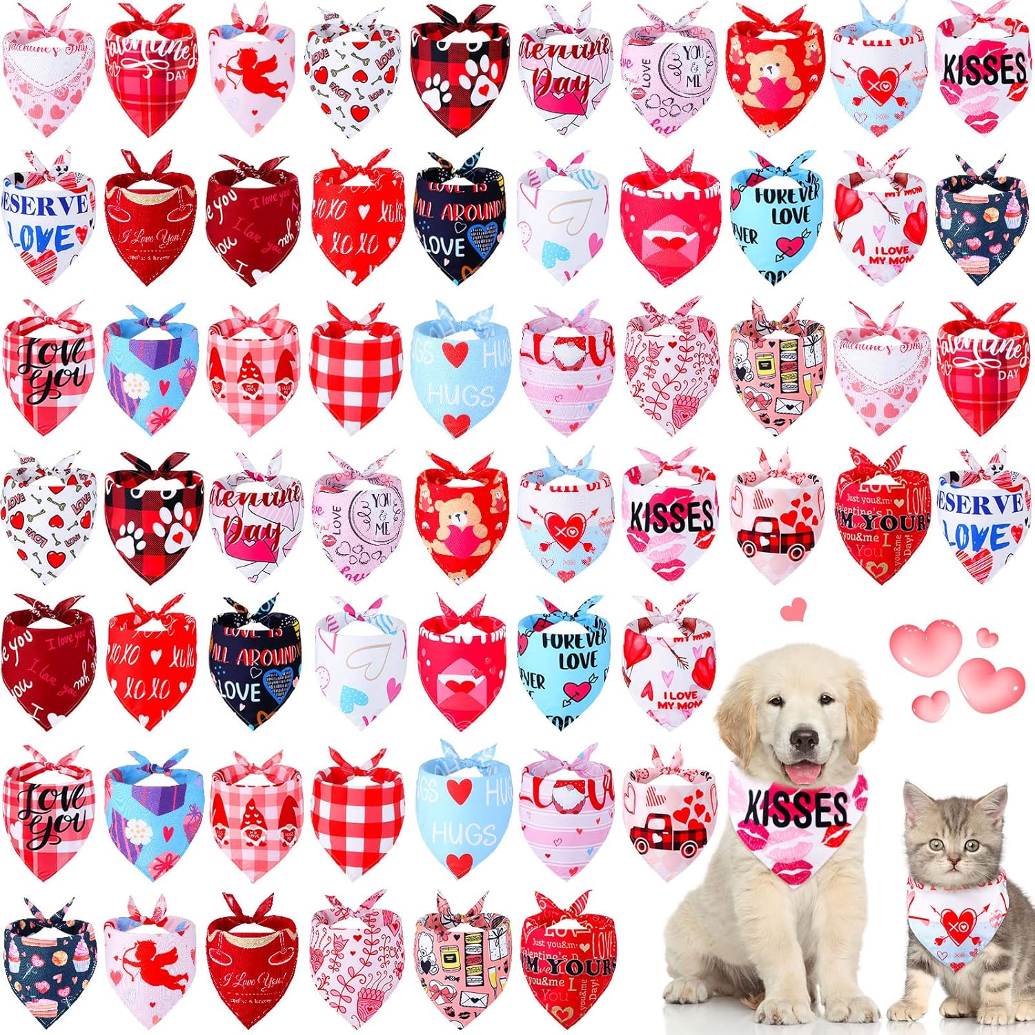 60 Pcs Valentine's Day Dog Bandanas Bulk Heart Dog