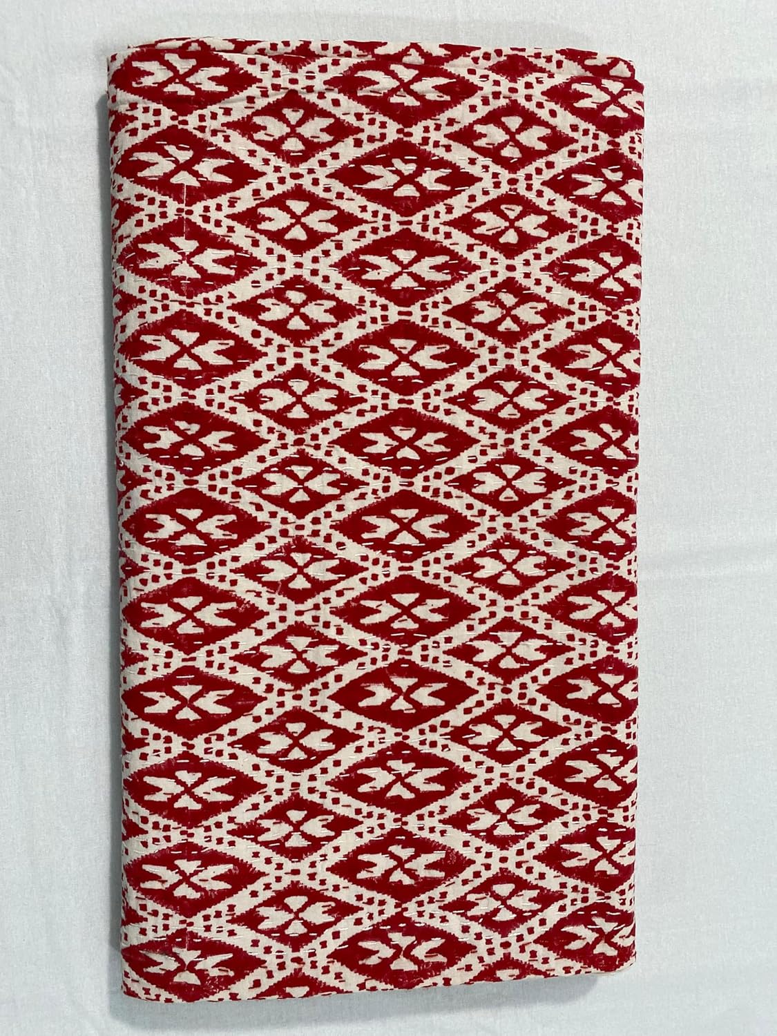 Red N White Ikat Block Print Cotton Bedspread Blanket for Bedroom Sofa Indian Bedding Handmade Kantha Quilt (RED & White SKRPRA, Twin (60X90), Ikat-Style Diamond Block Print)