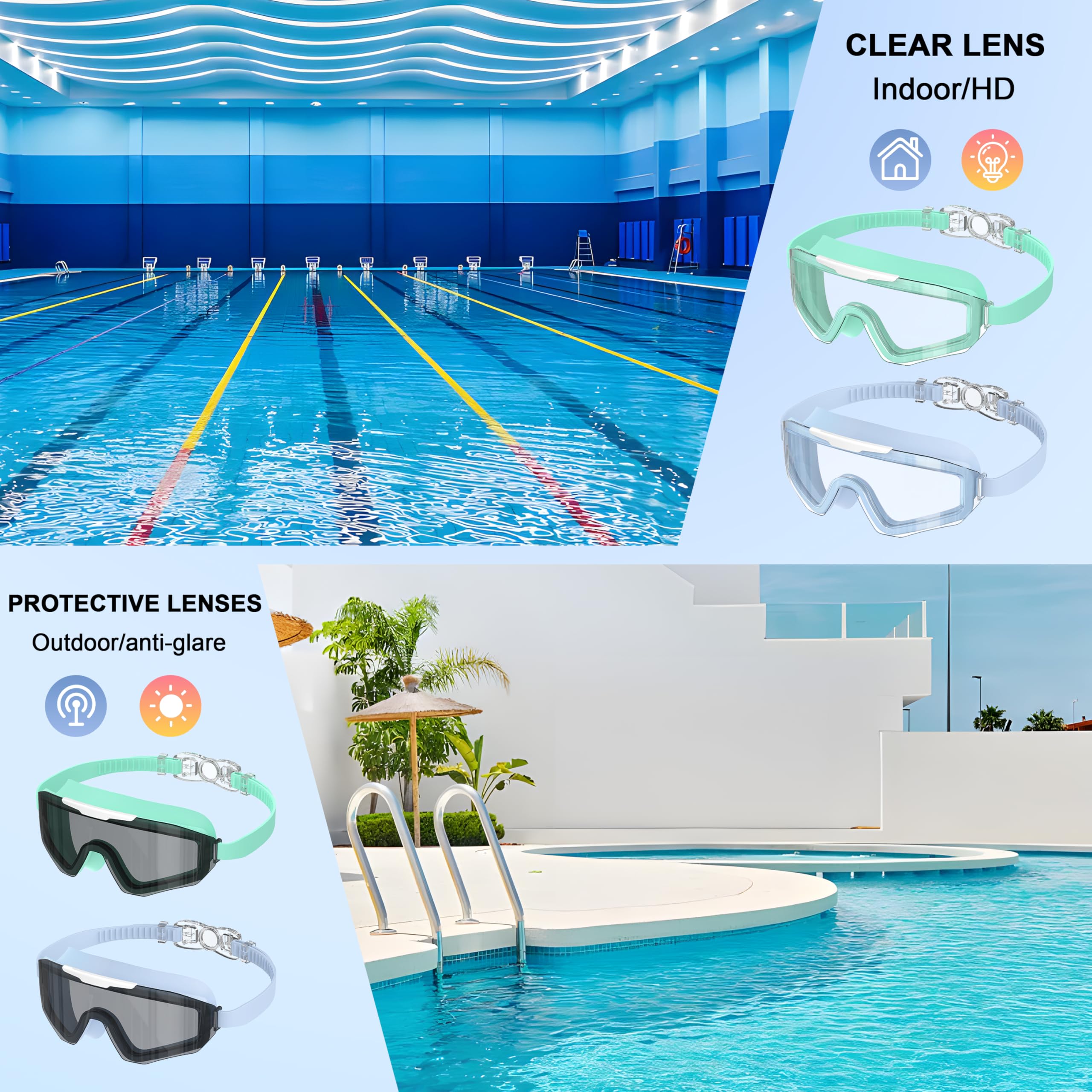 Męskie Okulary Pływackie Dla Dorosłych, Duża Ramka, Przeciwmgielne, Ochrona UV, Soczewki HD | Unisex Damskie Okulary Pływackie Idealne Do Nurkowania I Sporty Wodne Na Zewnątrz - T-BL | Duża ramka, Soczewki HD, technologia przeciwmgielna, ochrona UV, silik