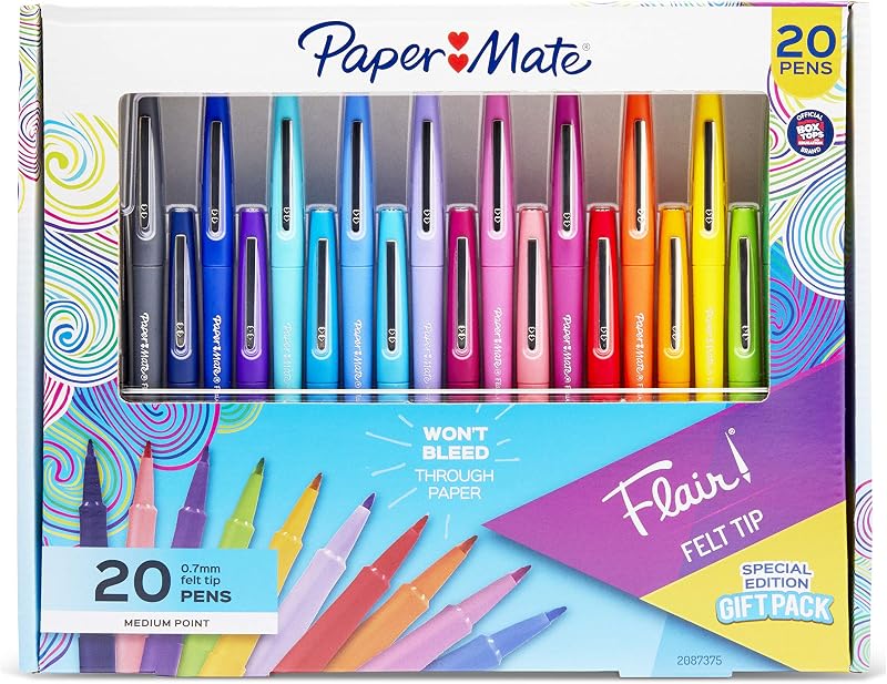 Paper Mate Flair Felt Tip Pen 20 Piece Set, Medium Point 0.7, Assorted Colors