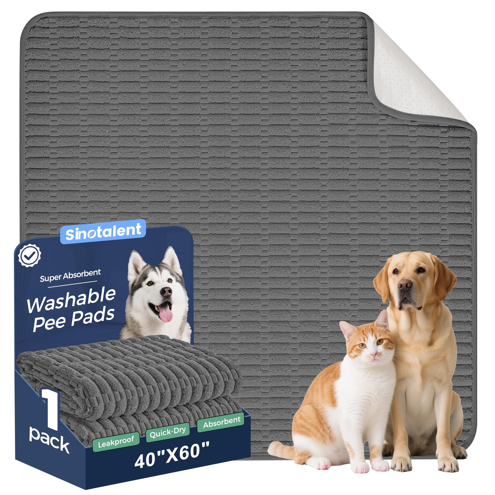 Sinotalent Dark Grey Washable Pee Pads For Dogs, Reusable Puppy Pads Dog Pads, Non-Slip Dog Pee Pads, Leakproof Pet Pee Pads Wee Wee Pads For Dogs. (, 40"X60"(Pack Of 1))