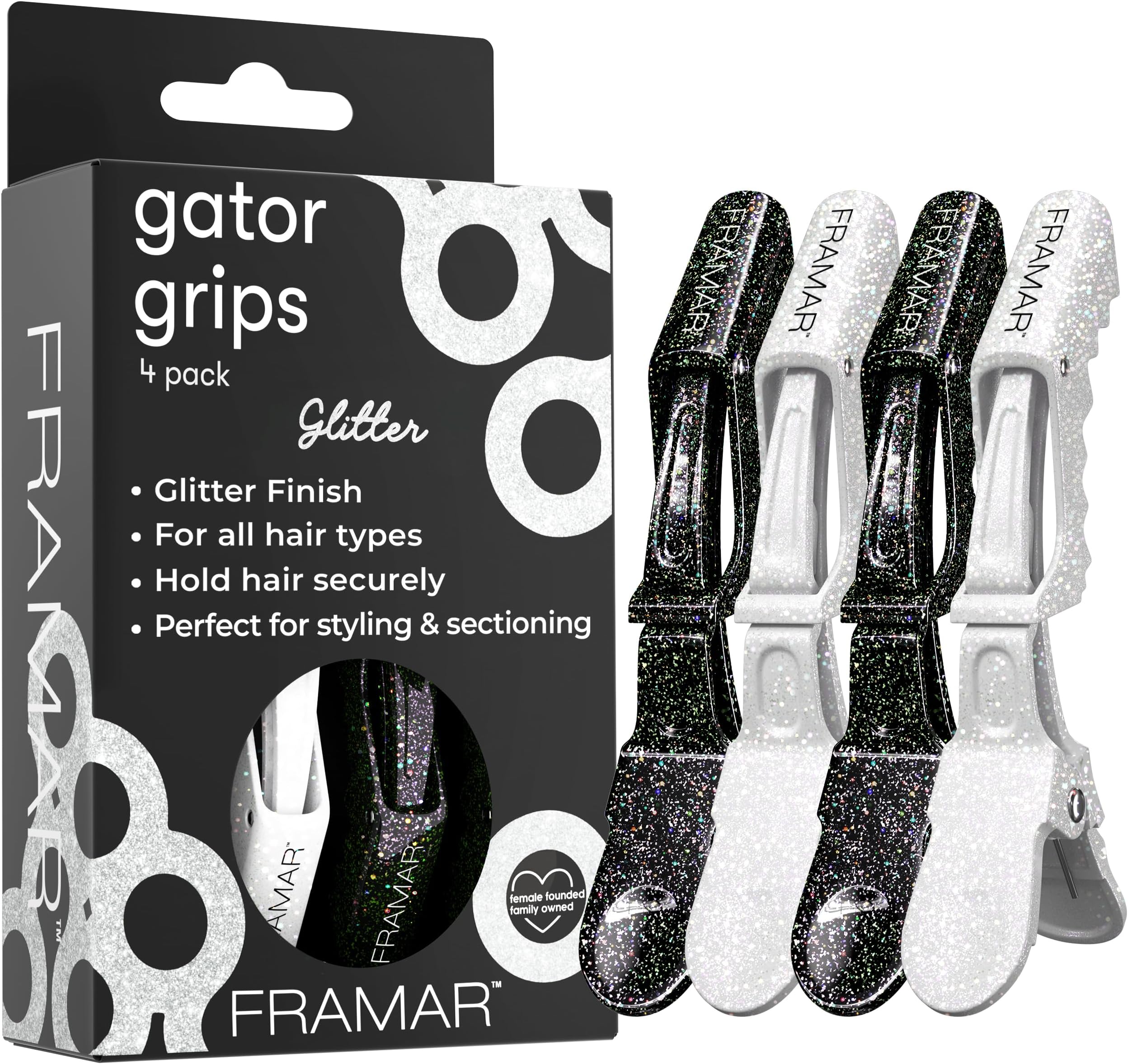 FRAMAR Glitter Crocodile Clips Hair – Sectioning Hair Clips Women, Cute Hair Clips For Styling, Hair Sectioning Hairdressing Clips, Alligator Hairclips, Hairdresser Clips – 4 Pk