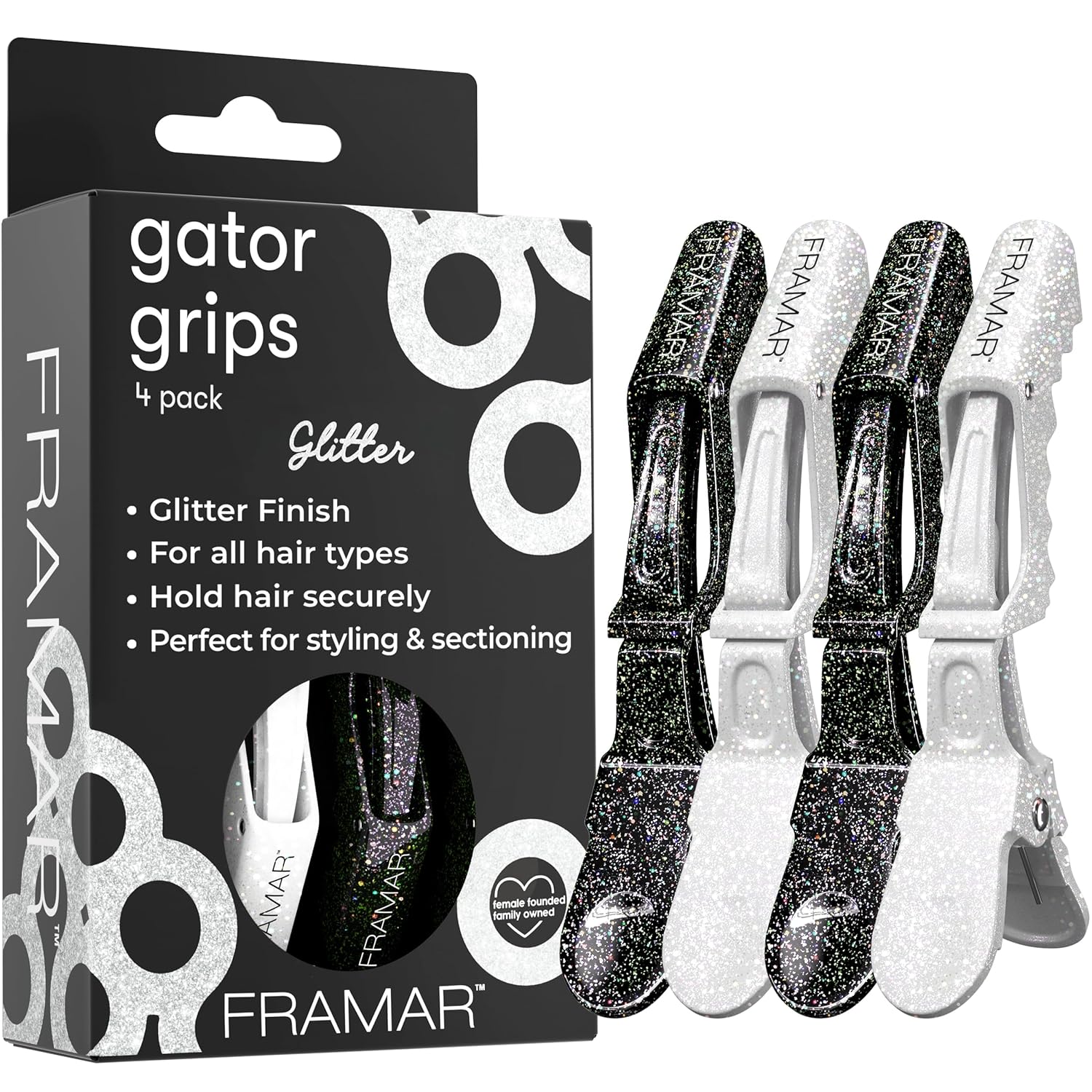 FRAMAR Glitter Hair Clip Set – Alligator Clips For Hair Styling, Hair Styling Clips Sectioning, Glitter Hair Clips For Women Styling, Salon Hair Clips – Firm Hold Without Slipping – 4 Pack