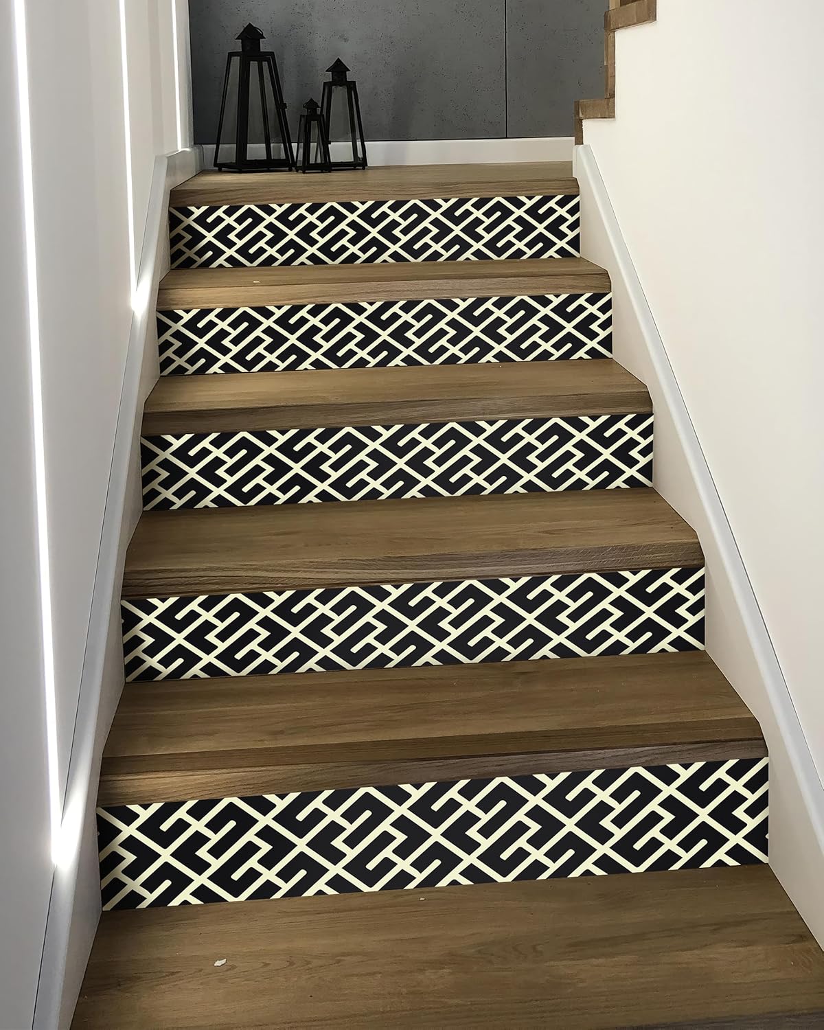 FLFK Geometric Pattern Stair Decals, Black and Cream, Vinyl, 39.3 x 7.08 Inch, Set of 7, Peel and Stick, Modern Design, Removable, for Interior Home Decor