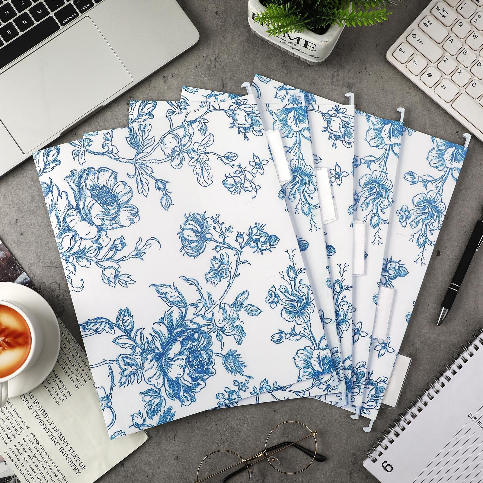 Qeeenar 20 carpetas decorativas florales azules para colgar, tamaño carta, lindas carpetas de archivos florales de diseño, organizador de archivos para archivador, oficina, hogar, con pestañas