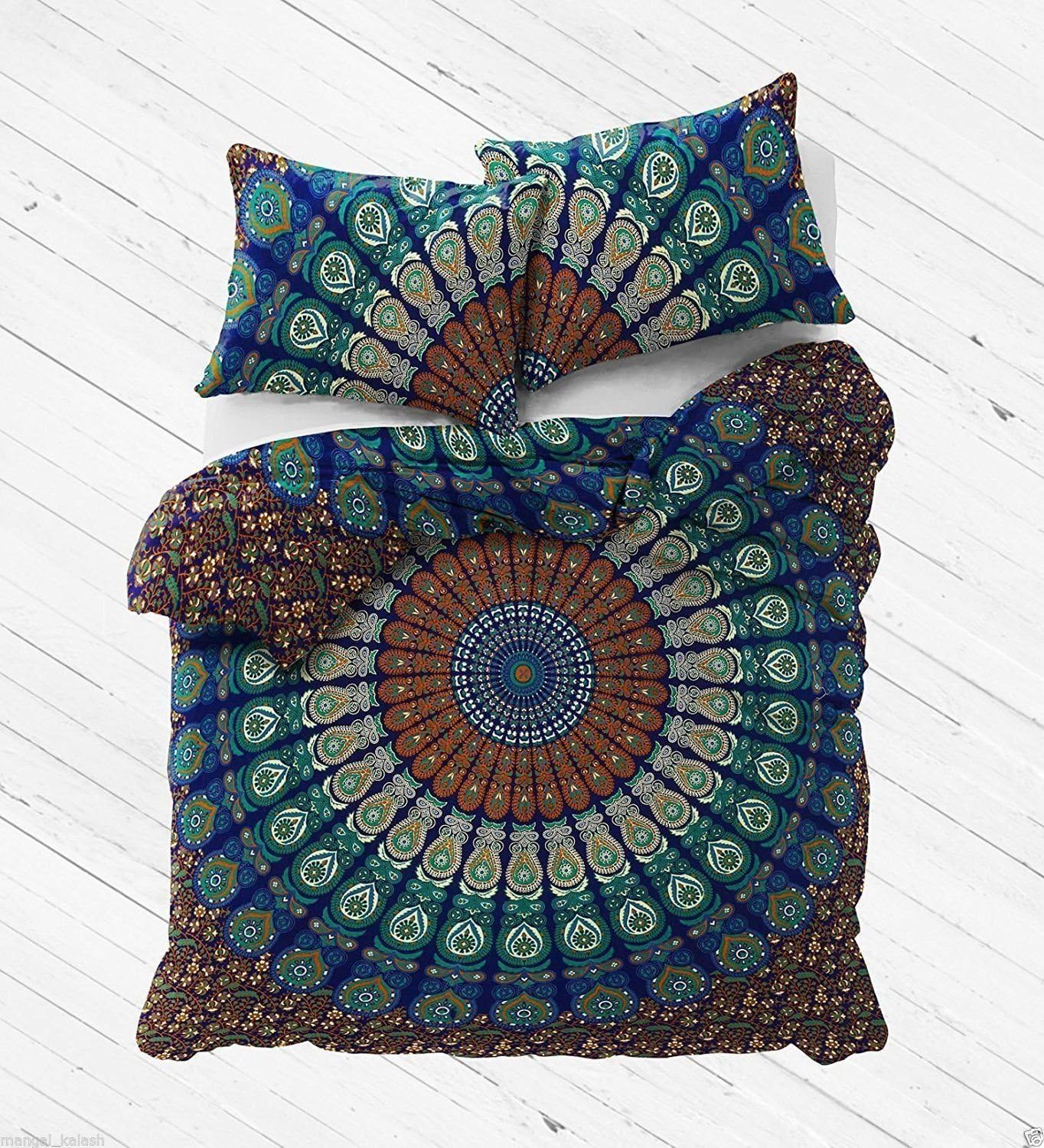 Mandala Duvet Cover Queen Size 100% Cotton Bedding Set Handmade in India | Boho Floral Printed Quilt Cover with 2 Pillowcases | Soft Durable Breathable Bed Linen for Home Décor – 3 PCS - White